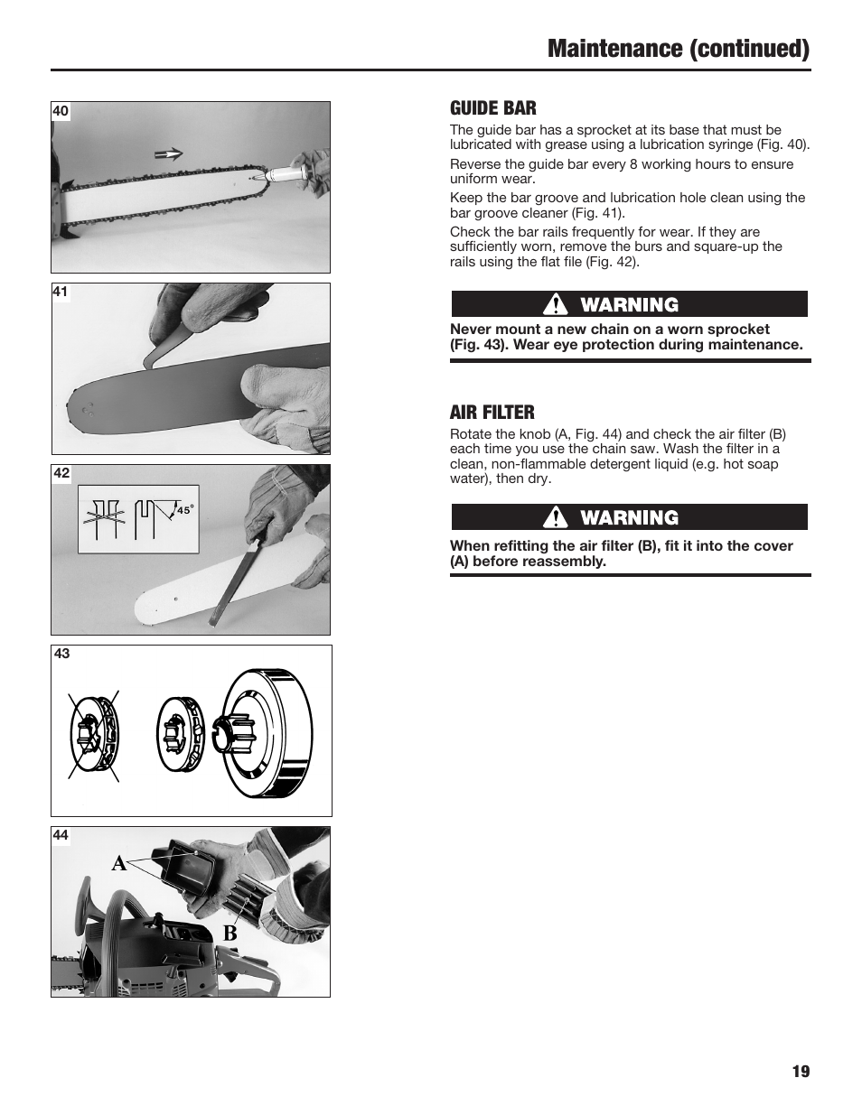 Maintenance (continued), Guide bar, Air filter | Cub Cadet COMMERCIAL CS5720 User Manual | Page 19 / 24