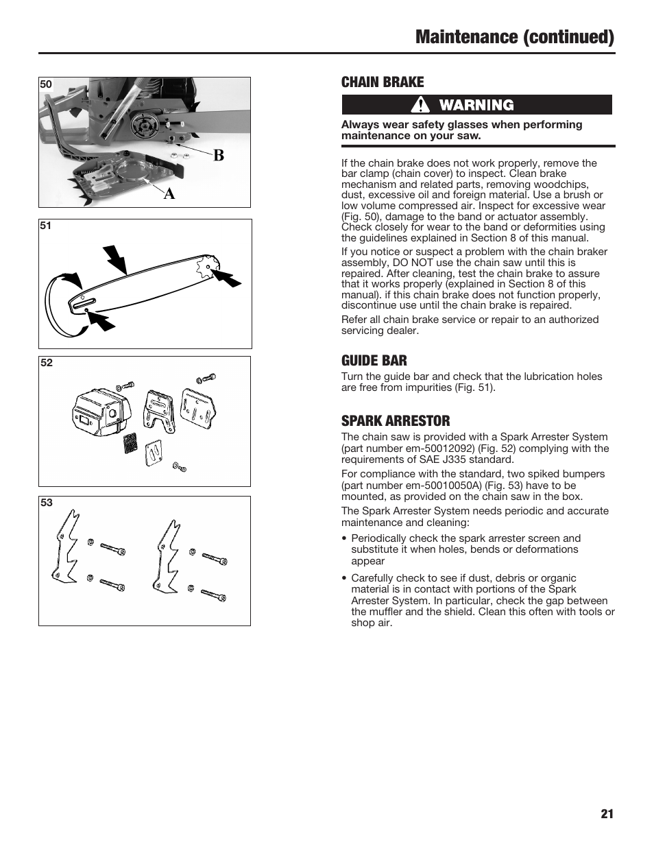 Maintenance (continued), Chain brake, Guide bar | Spark arrestor | Cub Cadet COMMERCIAL CS5720 User Manual | Page 21 / 24