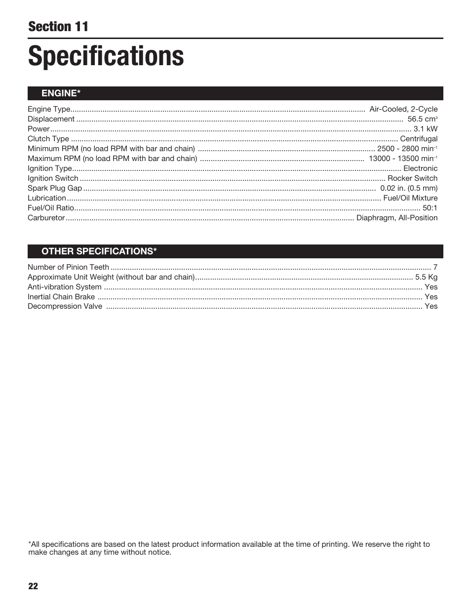 Specifications | Cub Cadet COMMERCIAL CS5720 User Manual | Page 22 / 24