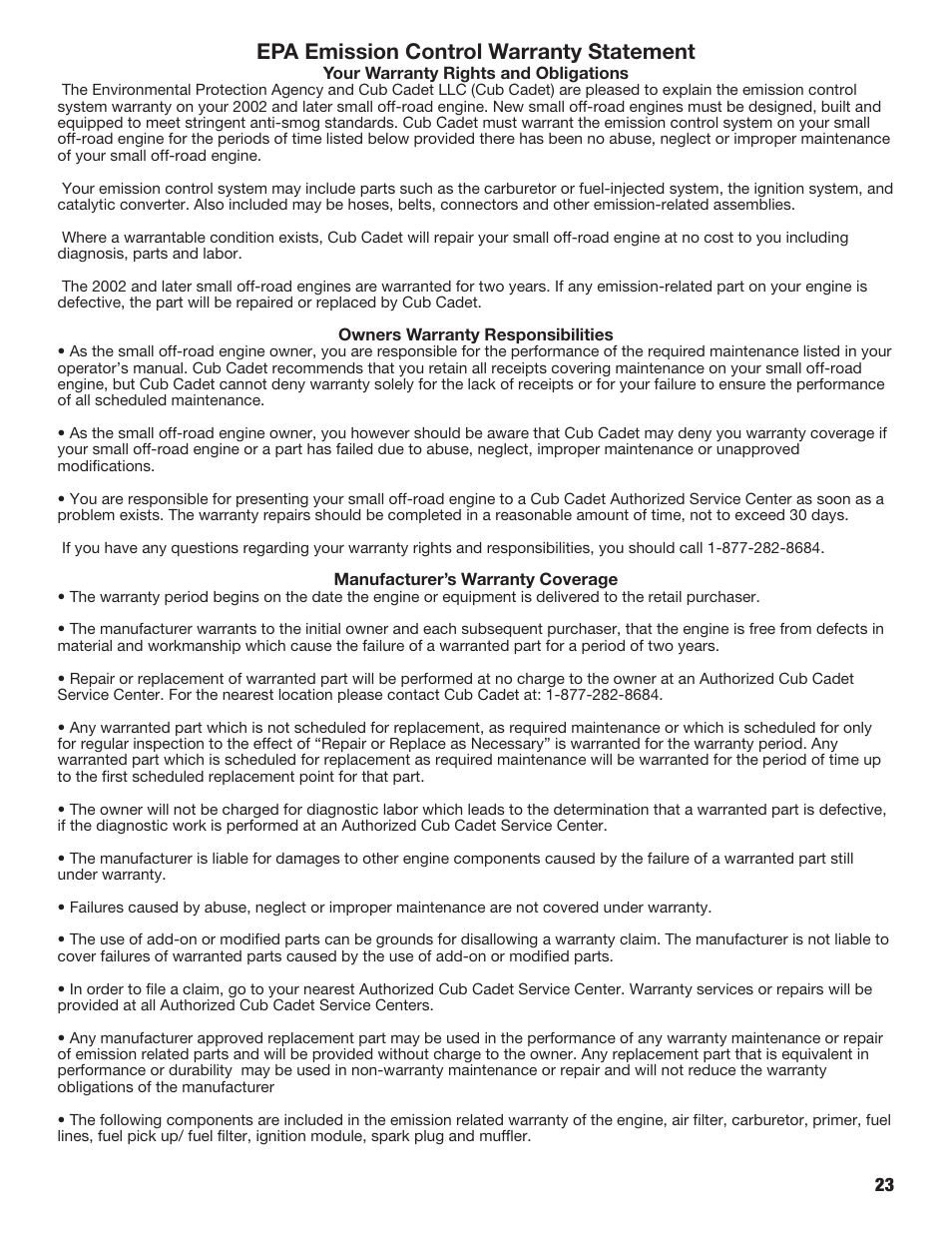 Epa emission control warranty statement | Cub Cadet COMMERCIAL CS5720 User Manual | Page 23 / 24