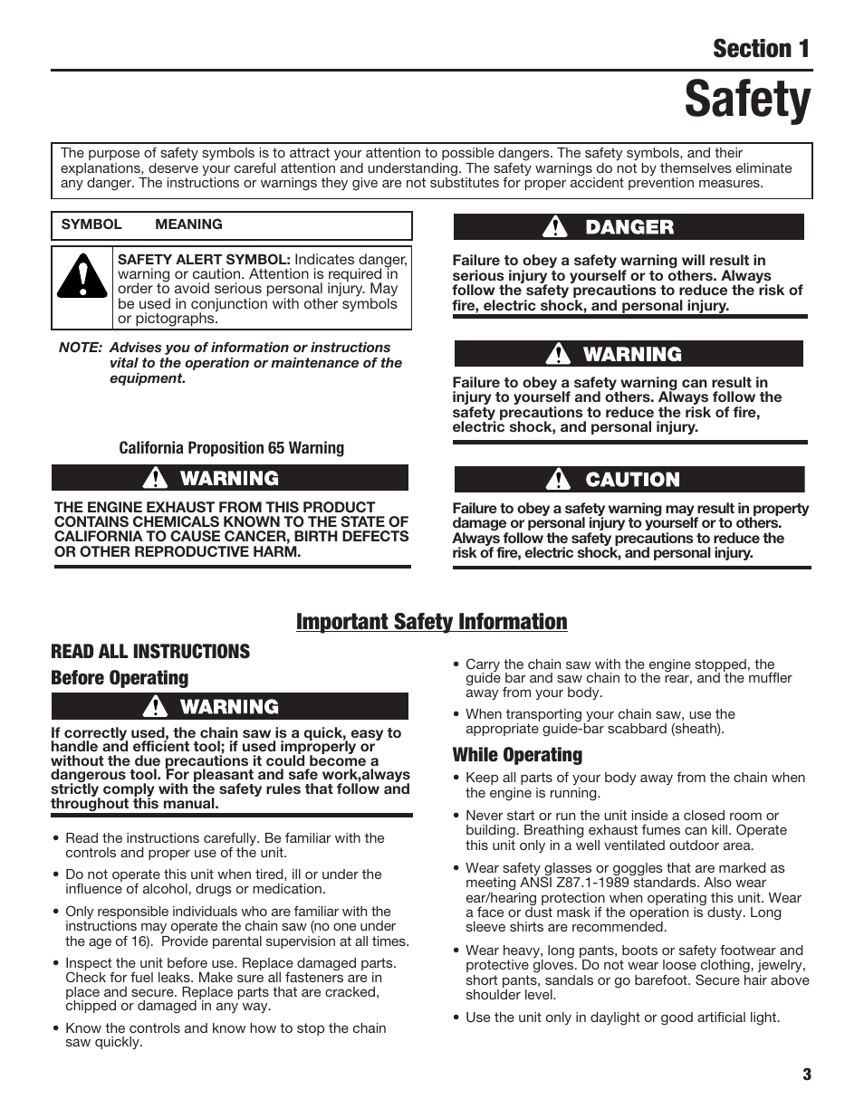 Safety, Important safety information, While operating | Read all instructions before operating | Cub Cadet COMMERCIAL CS5720 User Manual | Page 3 / 24