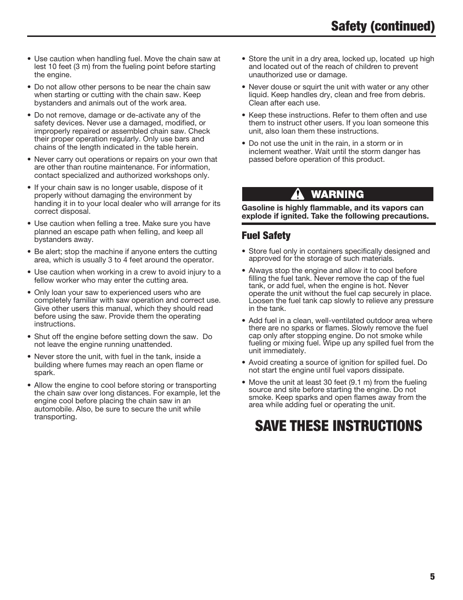 Save these instructions, Safety (continued), Fuel safety | Cub Cadet COMMERCIAL CS5720 User Manual | Page 5 / 24