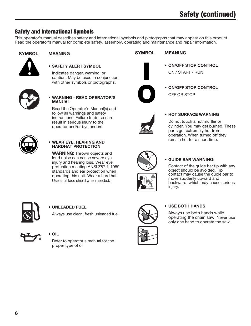 Safety (continued), Safety and international symbols | Cub Cadet COMMERCIAL CS5720 User Manual | Page 6 / 24