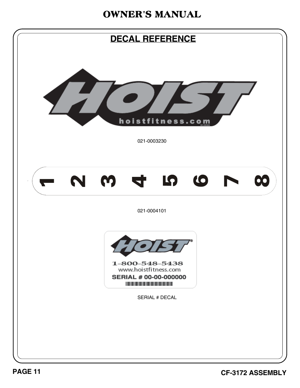 Decal reference owner's manual | Hoist Fitness CF-3172 User Manual | Page 12 / 23