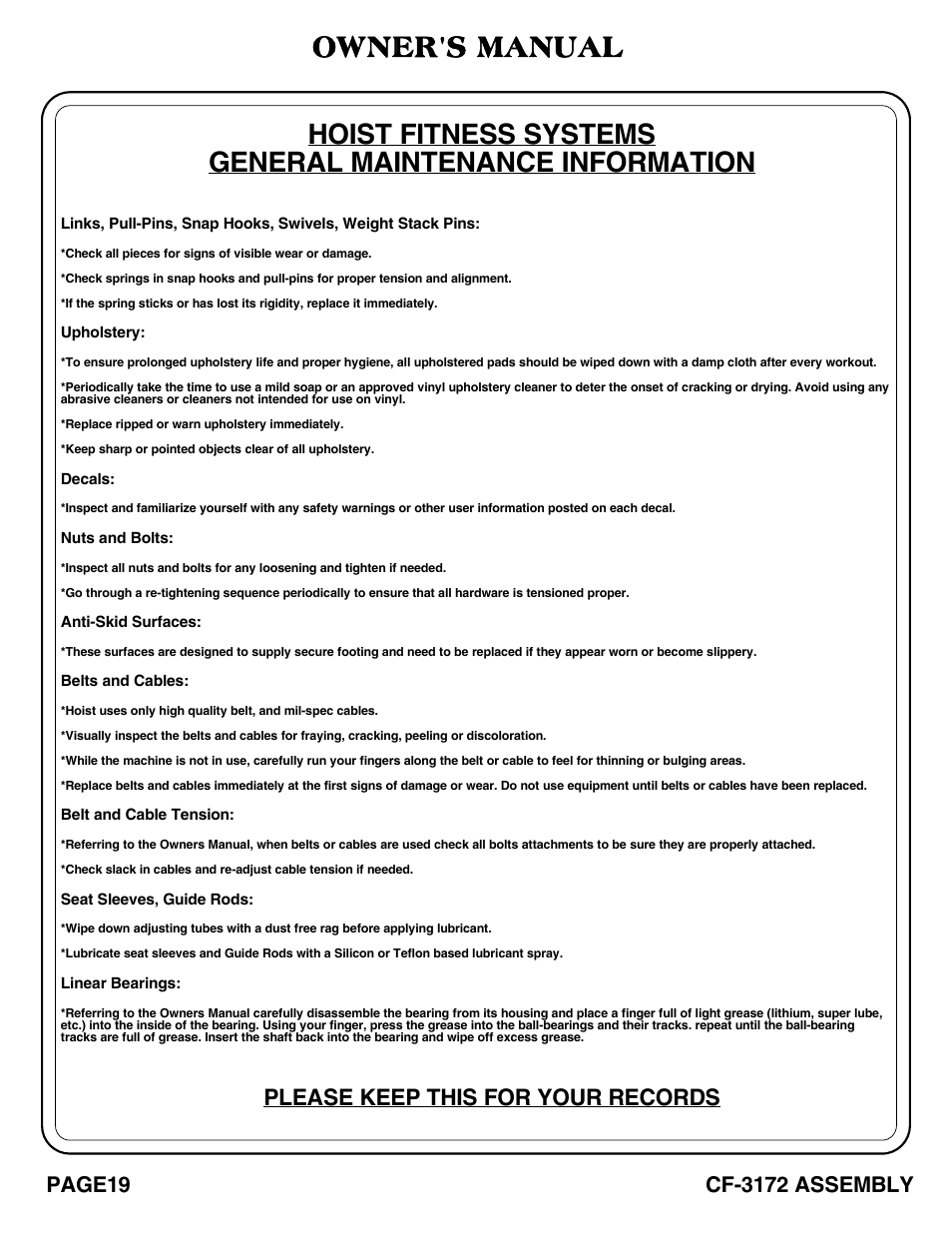 Owner's manual, Please keep this for your records | Hoist Fitness CF-3172 User Manual | Page 20 / 23