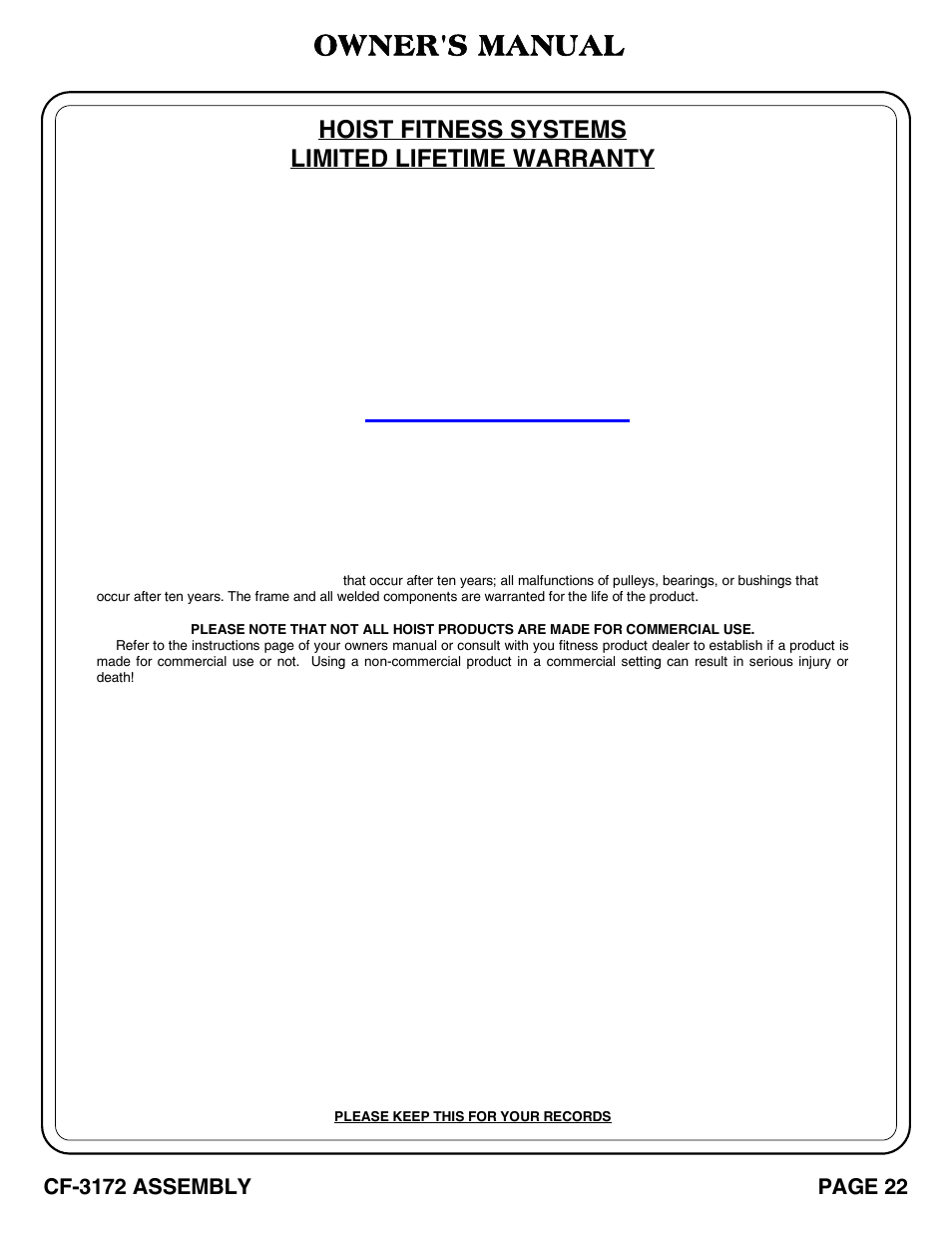 Owner's manual, Hoist fitness systems limited lifetime warranty | Hoist Fitness CF-3172 User Manual | Page 23 / 23