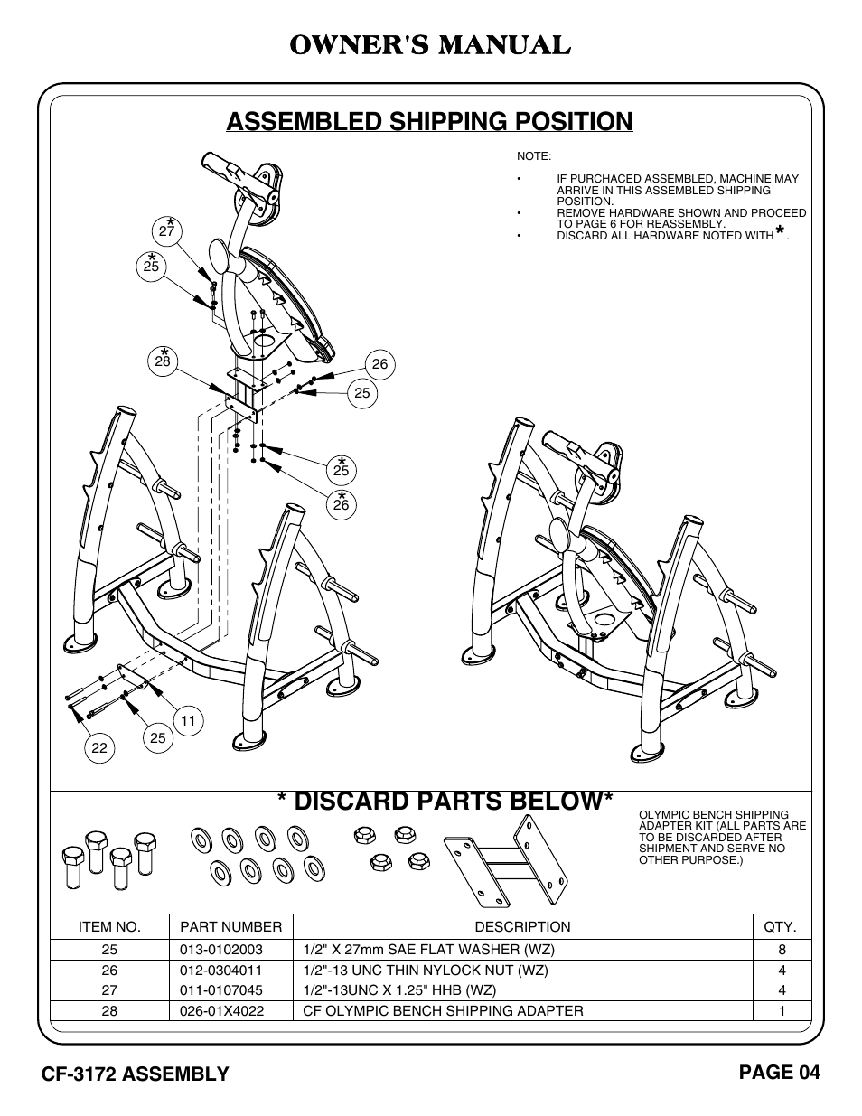 Owner's manual, Assembled shipping position, Discard parts below | Hoist Fitness CF-3172 User Manual | Page 5 / 23