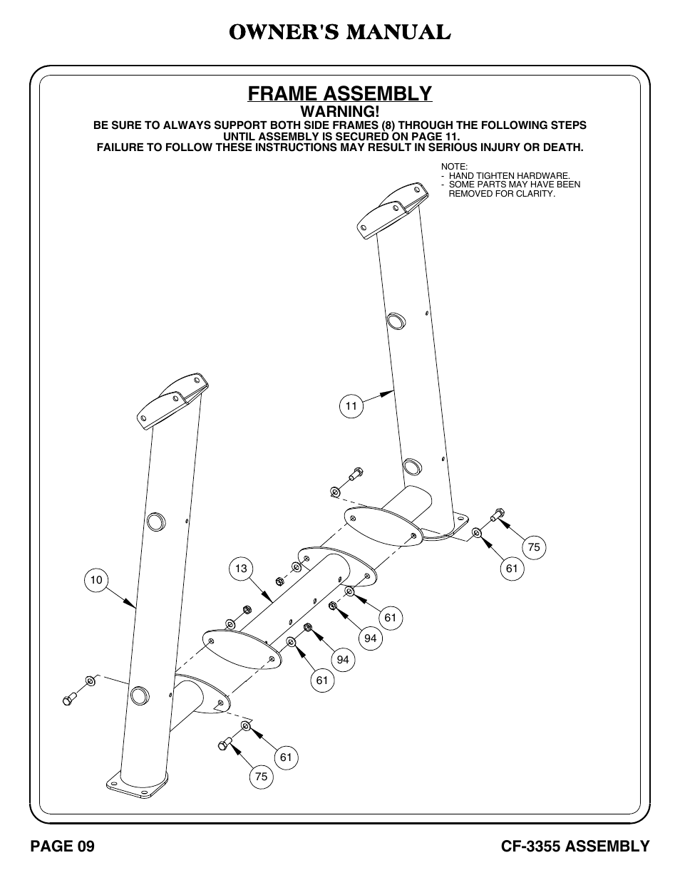 Cf-3355_pg 9-10, Frame assembly, Owner's manual | Warning | Hoist Fitness CF-3355 User Manual | Page 10 / 55