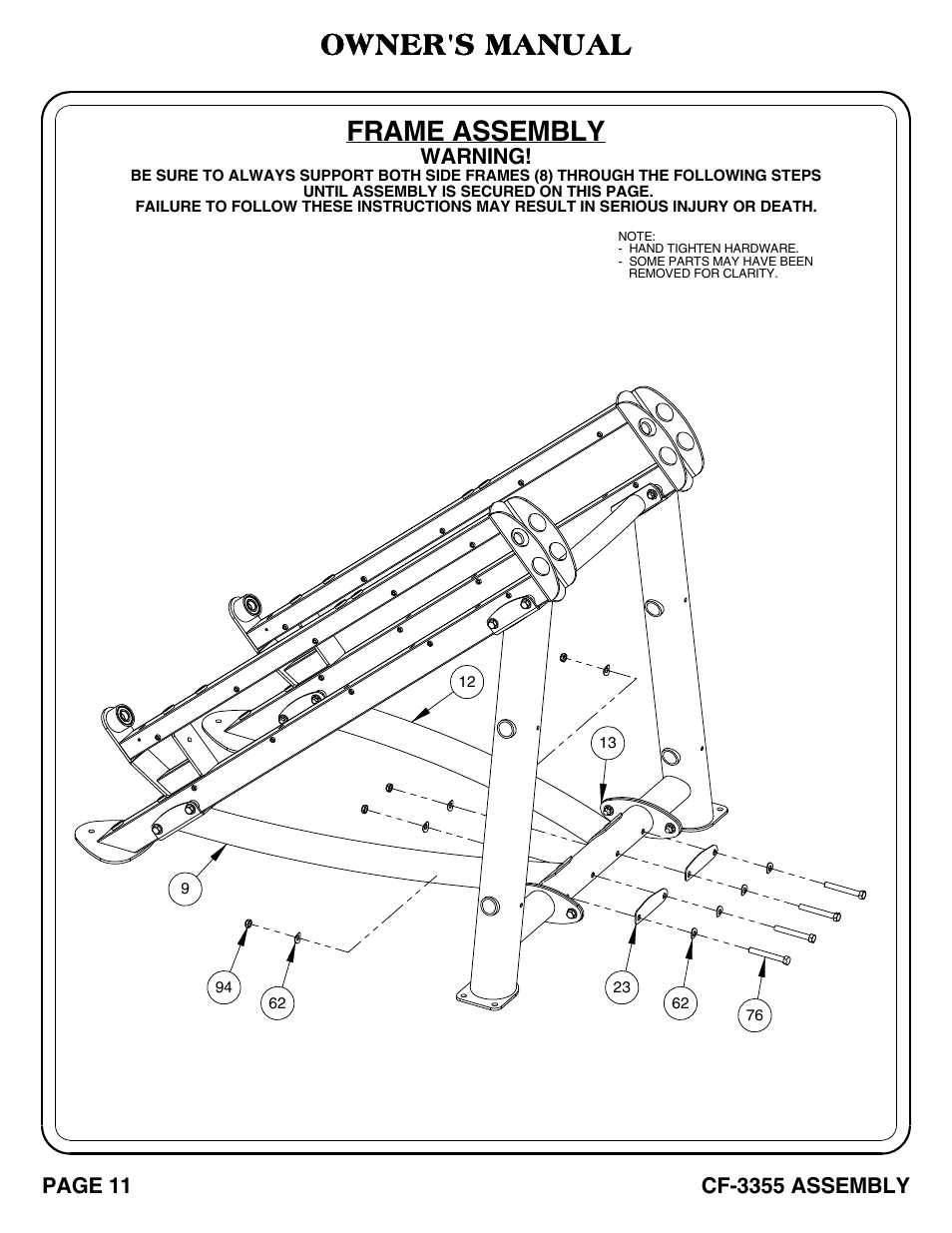 Cf-3355_pg 11-12, Frame assembly, Owner's manual | Warning | Hoist Fitness CF-3355 User Manual | Page 12 / 55