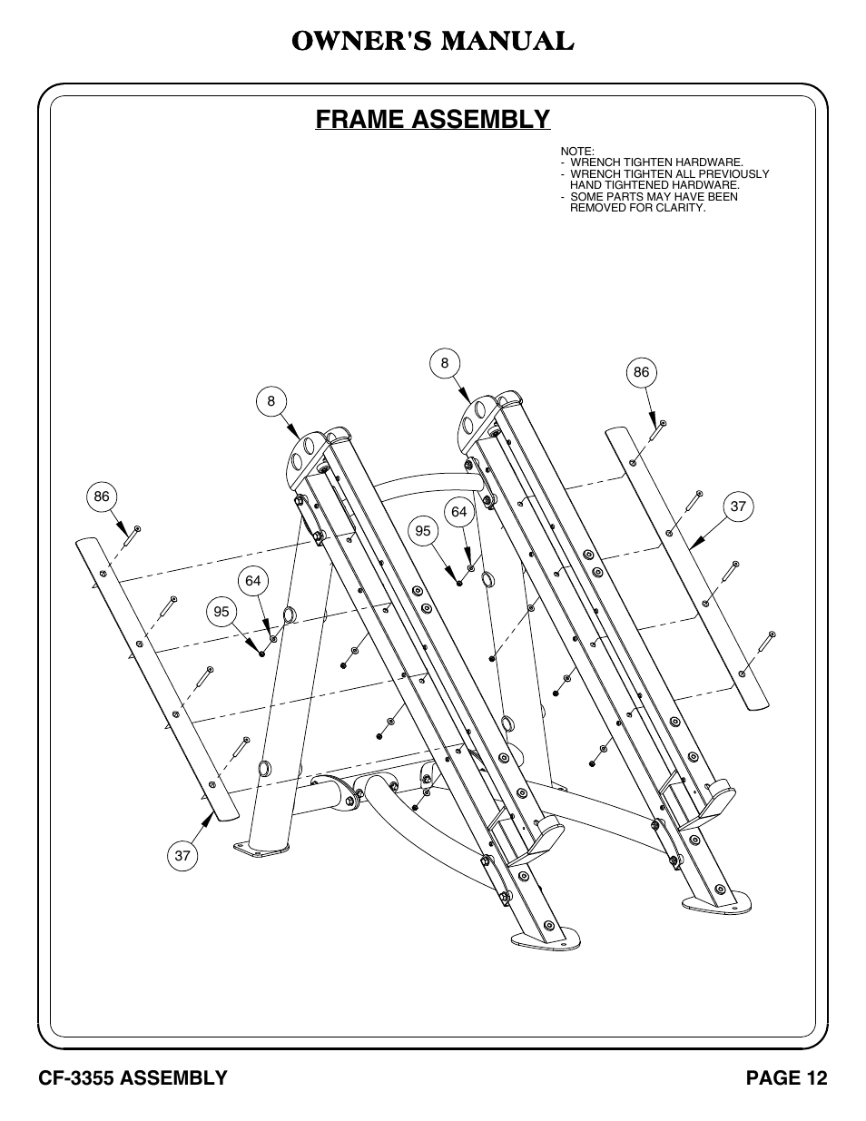 Frame assembly, Owner's manual | Hoist Fitness CF-3355 User Manual | Page 13 / 55