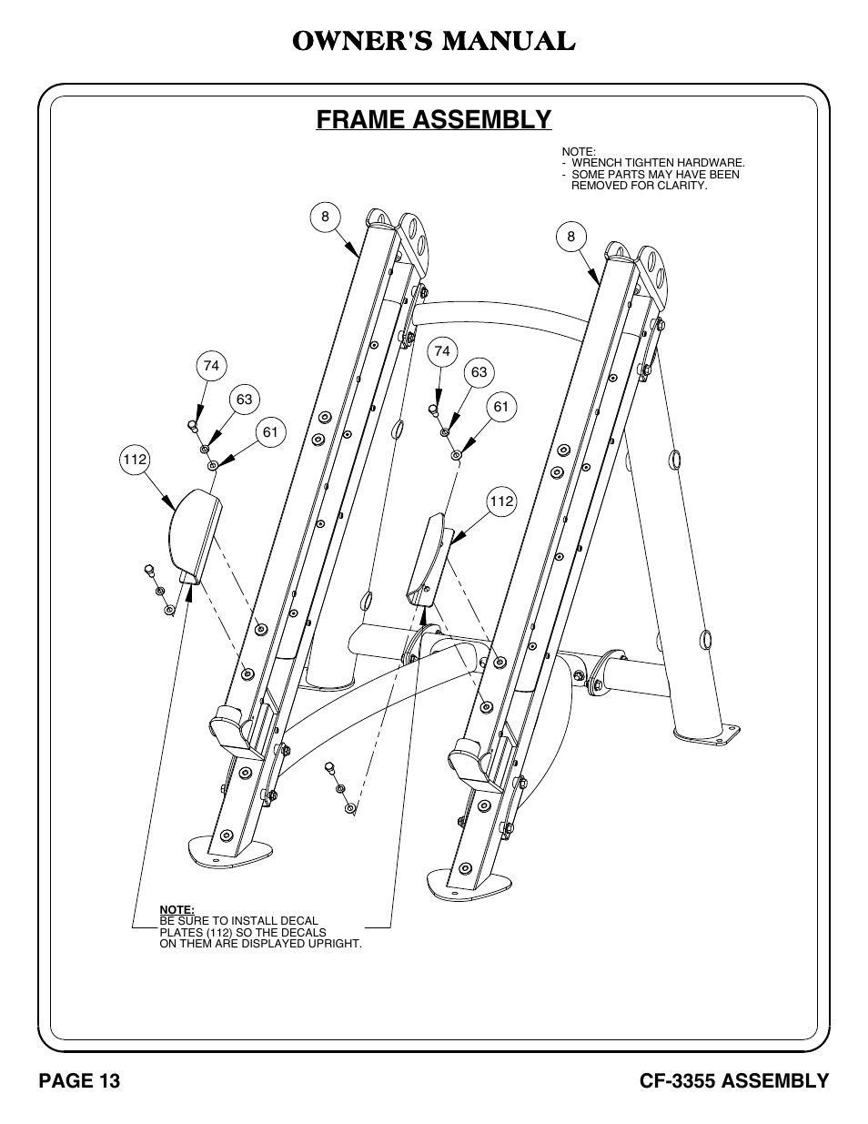 Cf-3355_pg 13-14, Frame assembly, Owner's manual | Page 13, Cf-3355 assembly | Hoist Fitness CF-3355 User Manual | Page 14 / 55