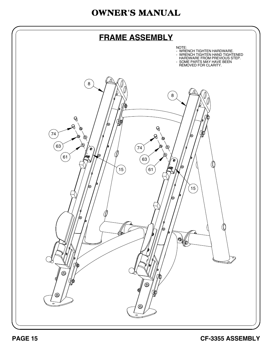 Cf-3355_pg 15-16, Frame assembly owner's manual | Hoist Fitness CF-3355 User Manual | Page 16 / 55