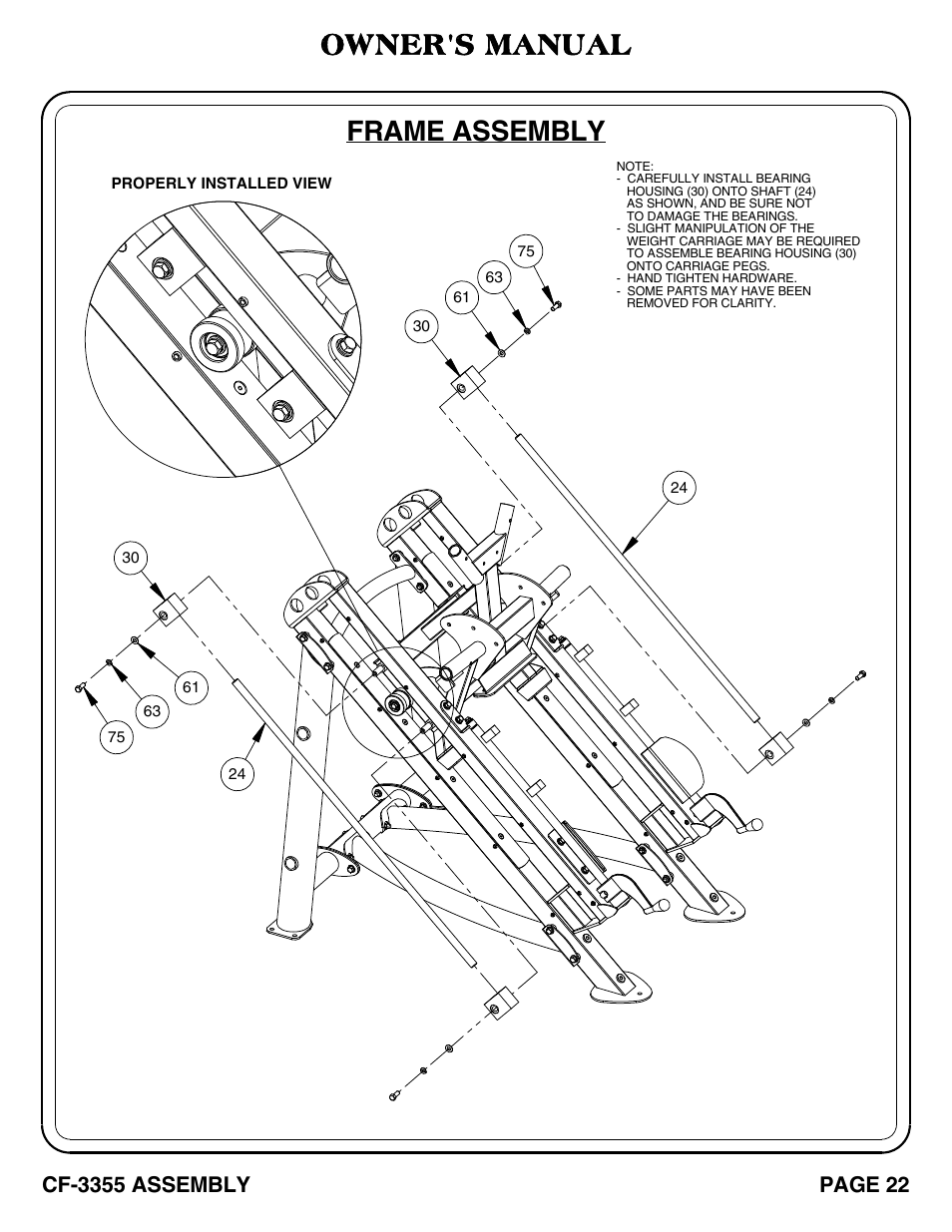 Frame assembly, Owner's manual, Cf-3355 assembly | Page 22 | Hoist Fitness CF-3355 User Manual | Page 23 / 55