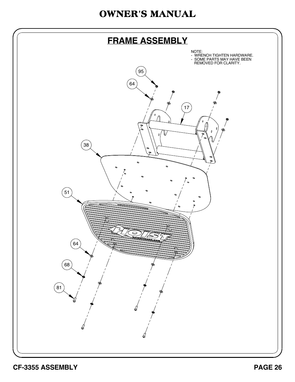 Frame assembly, Owner's manual | Hoist Fitness CF-3355 User Manual | Page 27 / 55