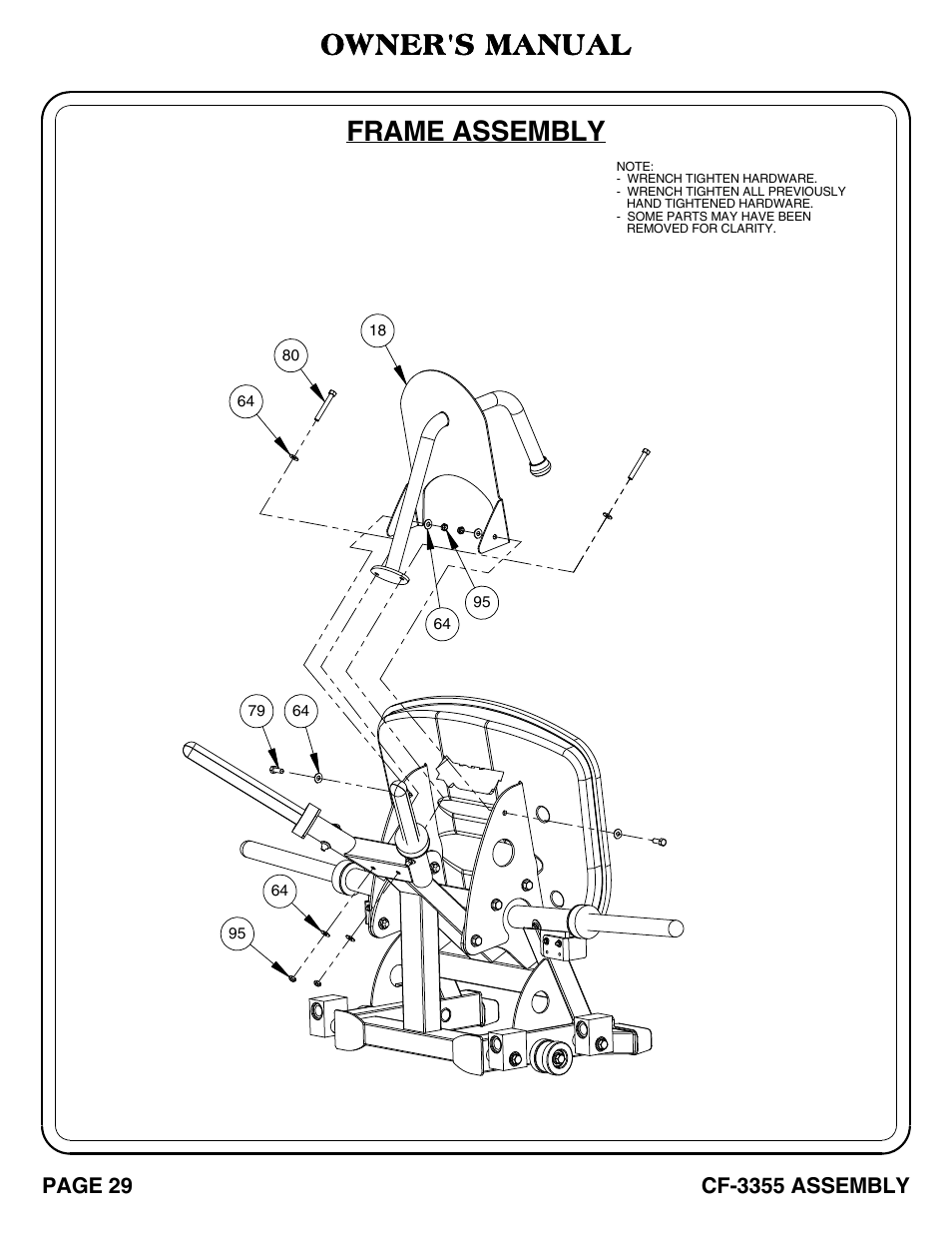 Cf-3355_pg 29-30, Frame assembly, Owner's manual | Page 29, Cf-3355 assembly | Hoist Fitness CF-3355 User Manual | Page 30 / 55