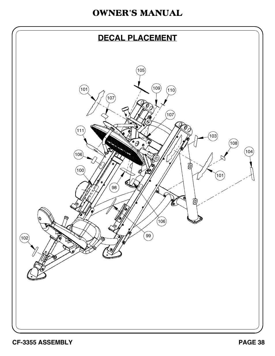 Cf-3355_decal placement, Decal placement, Owner's manual | Page 38, Cf-3355 assembly | Hoist Fitness CF-3355 User Manual | Page 39 / 55