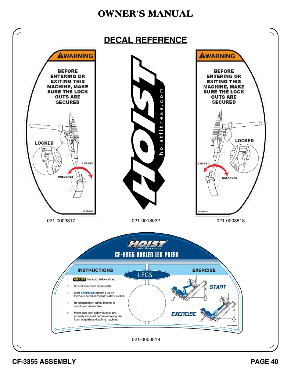 Decal reference, Owner's manual | Hoist Fitness CF-3355 User Manual | Page 41 / 55