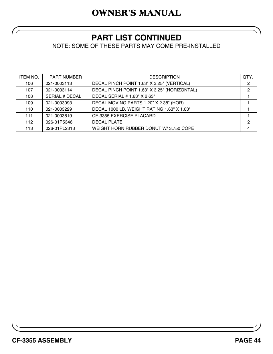 Part list continued owner's manual | Hoist Fitness CF-3355 User Manual | Page 45 / 55