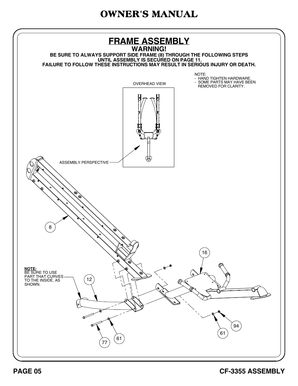 Cf-3355_pg 5-6, Frame assembly, Owner's manual | Warning, Page 05, Cf-3355 assembly | Hoist Fitness CF-3355 User Manual | Page 6 / 55