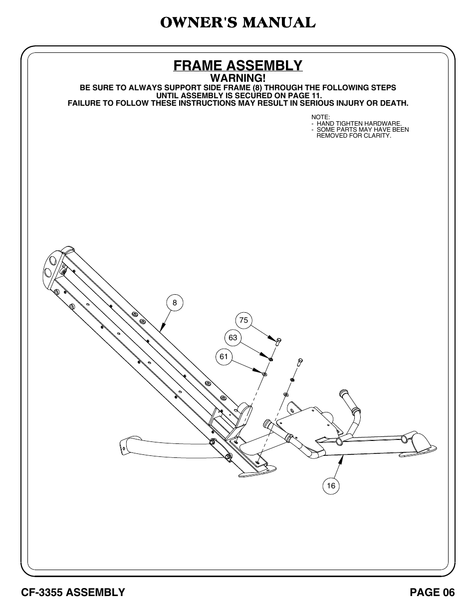 Frame assembly, Owner's manual | Hoist Fitness CF-3355 User Manual | Page 7 / 55