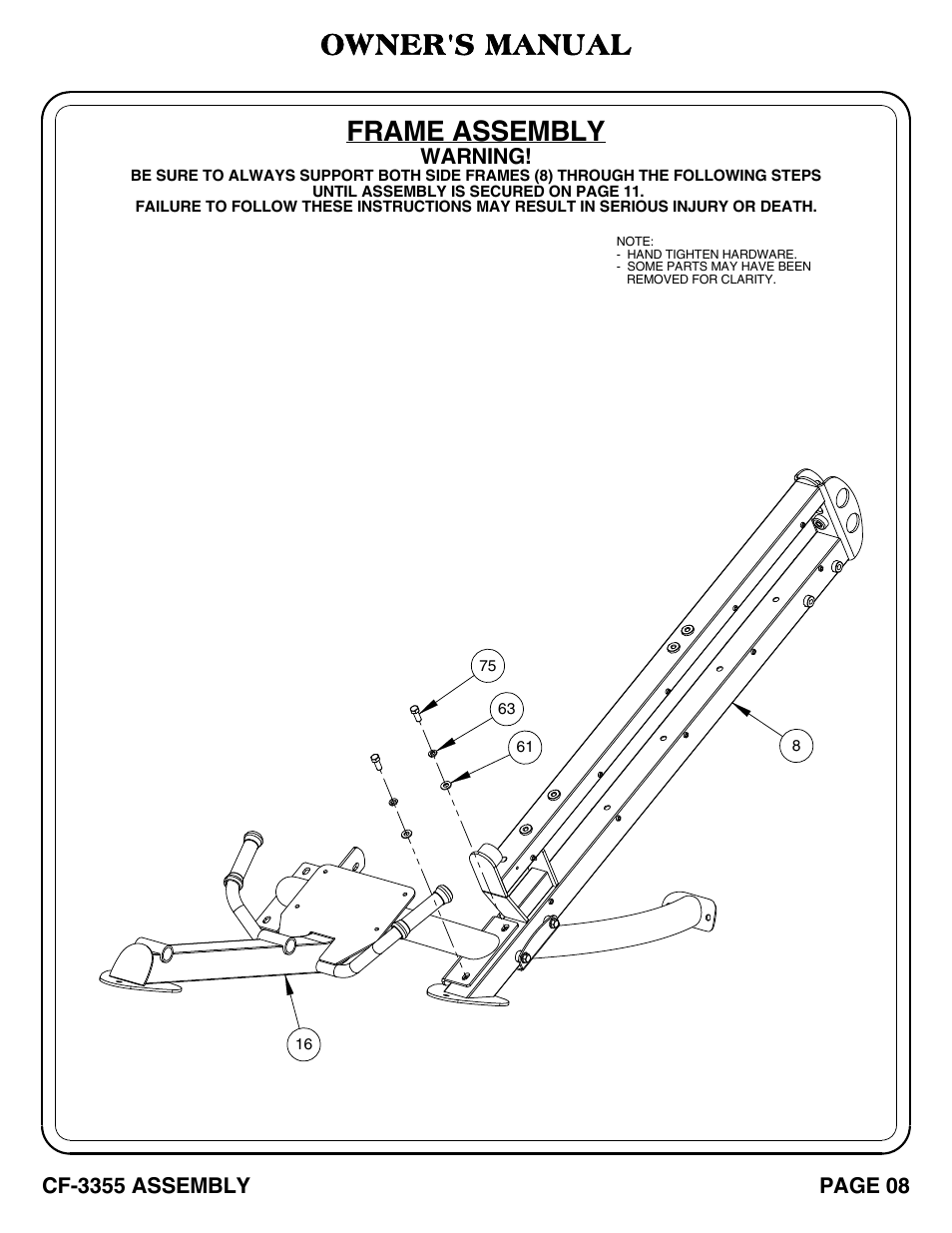 Frame assembly, Owner's manual | Hoist Fitness CF-3355 User Manual | Page 9 / 55