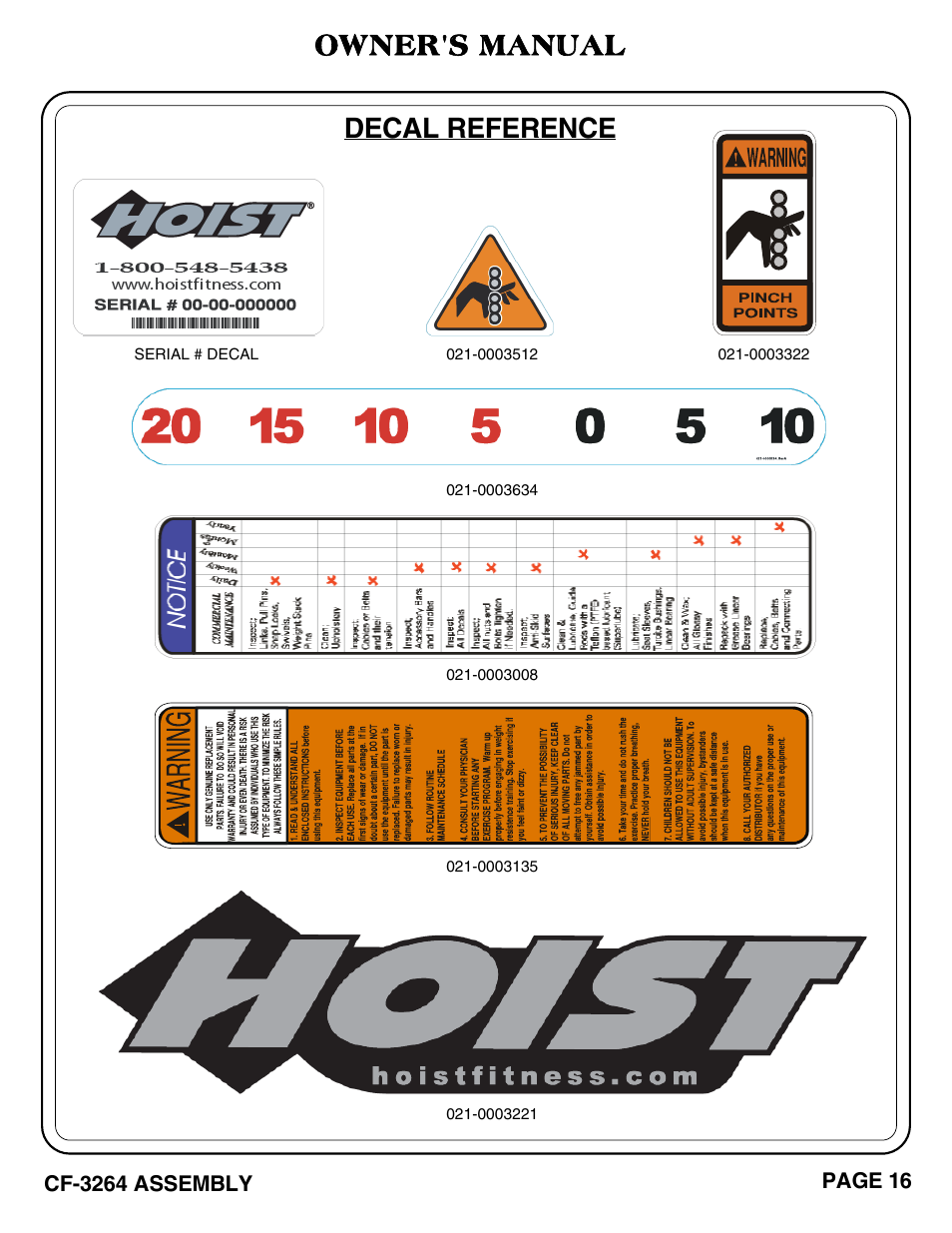 Owner's manual, Decal reference | Hoist Fitness CF-3264 User Manual | Page 17 / 30