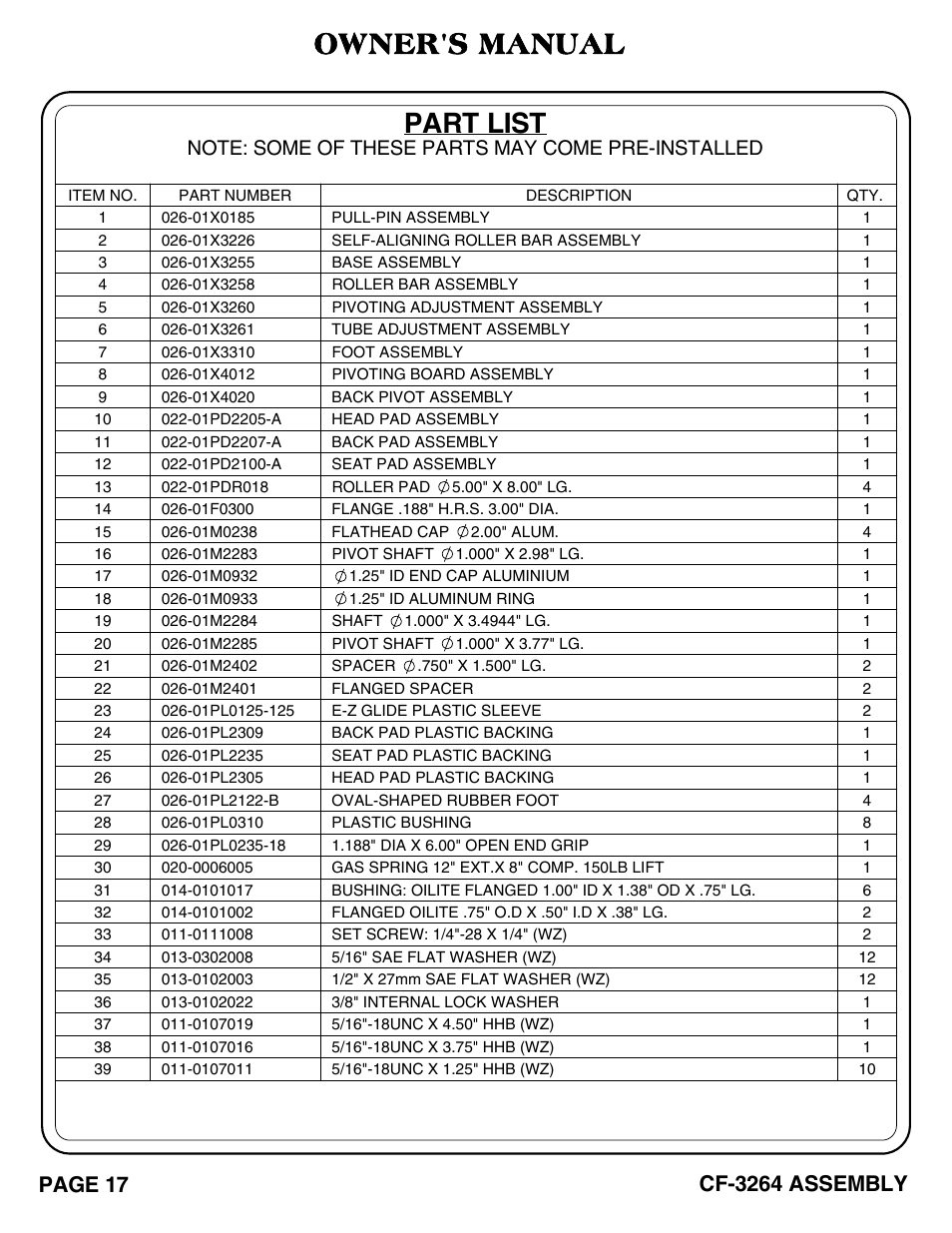 Owner's manual, Part list | Hoist Fitness CF-3264 User Manual | Page 18 / 30