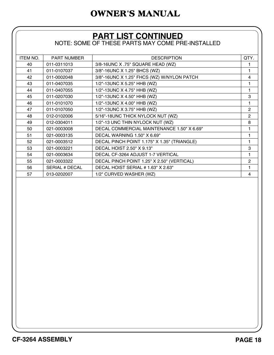 Owner's manual, Part list continued | Hoist Fitness CF-3264 User Manual | Page 19 / 30