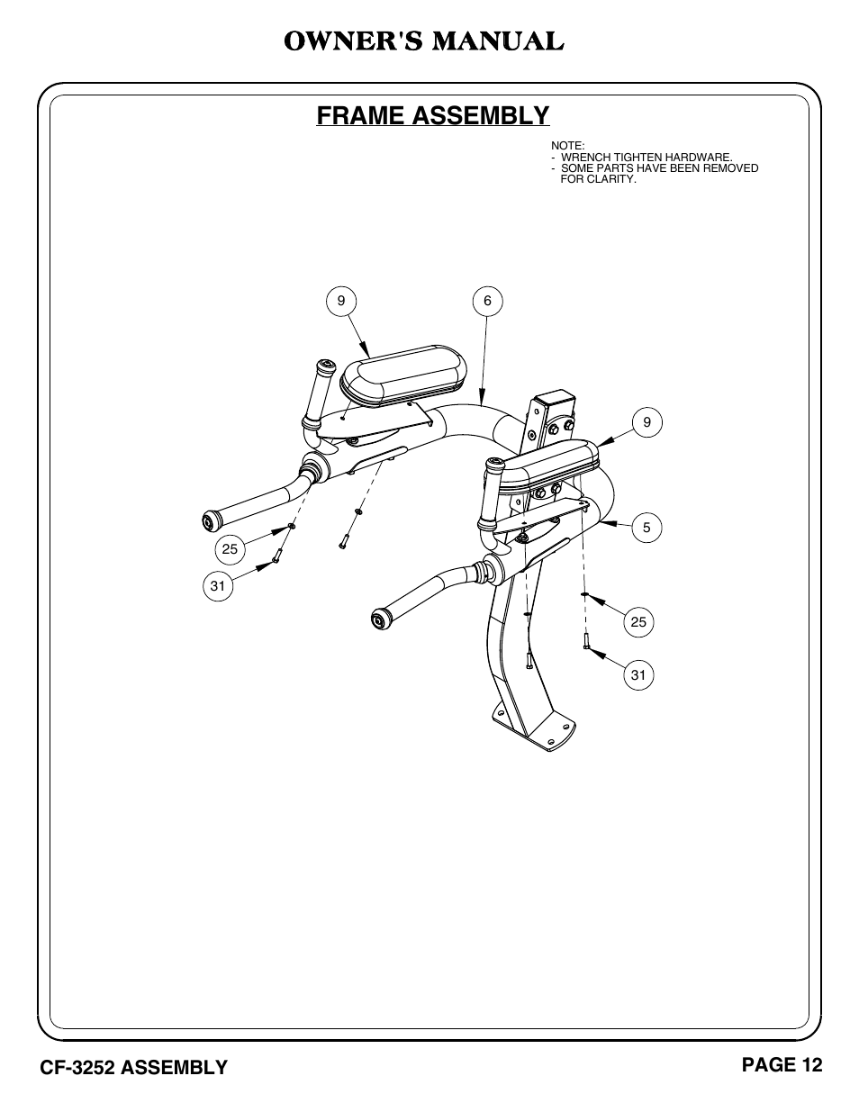 Frame assembly, Owner's manual | Hoist Fitness CF-3252 User Manual | Page 13 / 29