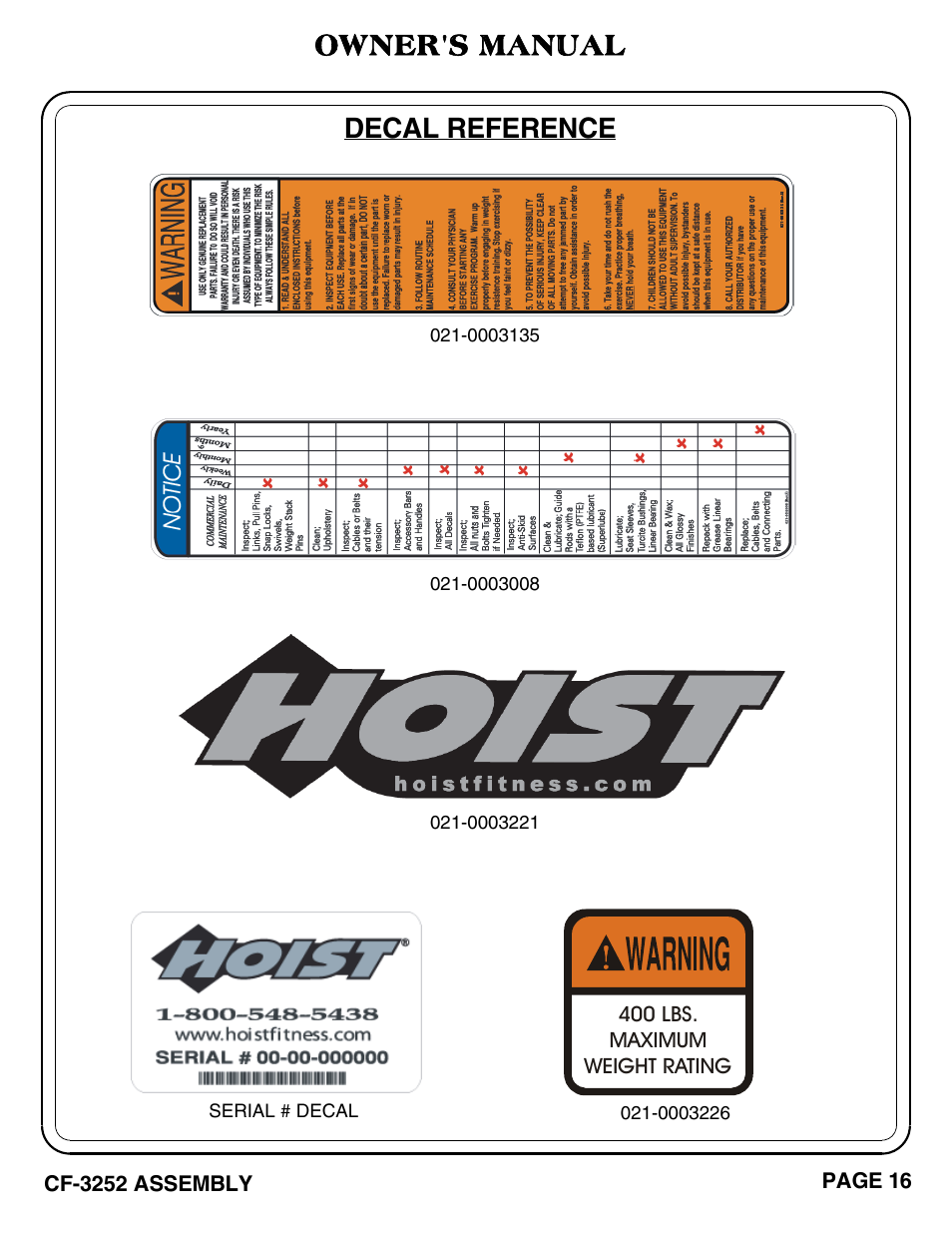 Decal reference, Owner's manual | Hoist Fitness CF-3252 User Manual | Page 17 / 29