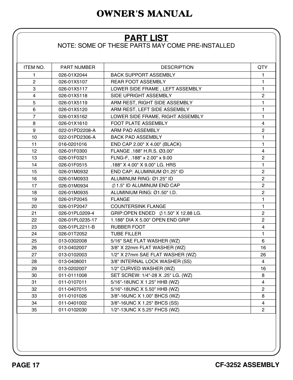 Part list, Owner's manual, Page 17 | Cf-3252 assembly | Hoist Fitness CF-3252 User Manual | Page 18 / 29