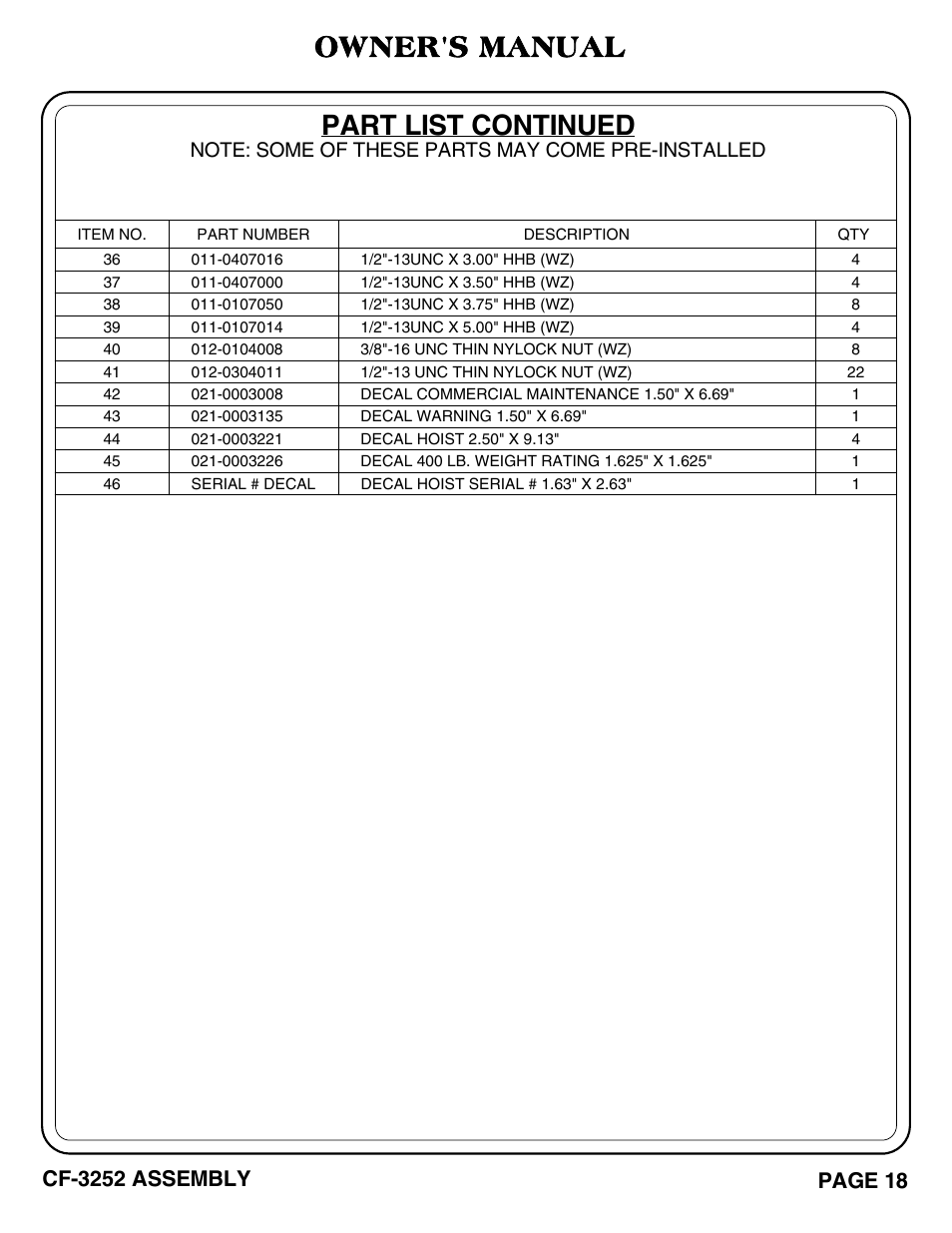 Part list continued, Owner's manual | Hoist Fitness CF-3252 User Manual | Page 19 / 29