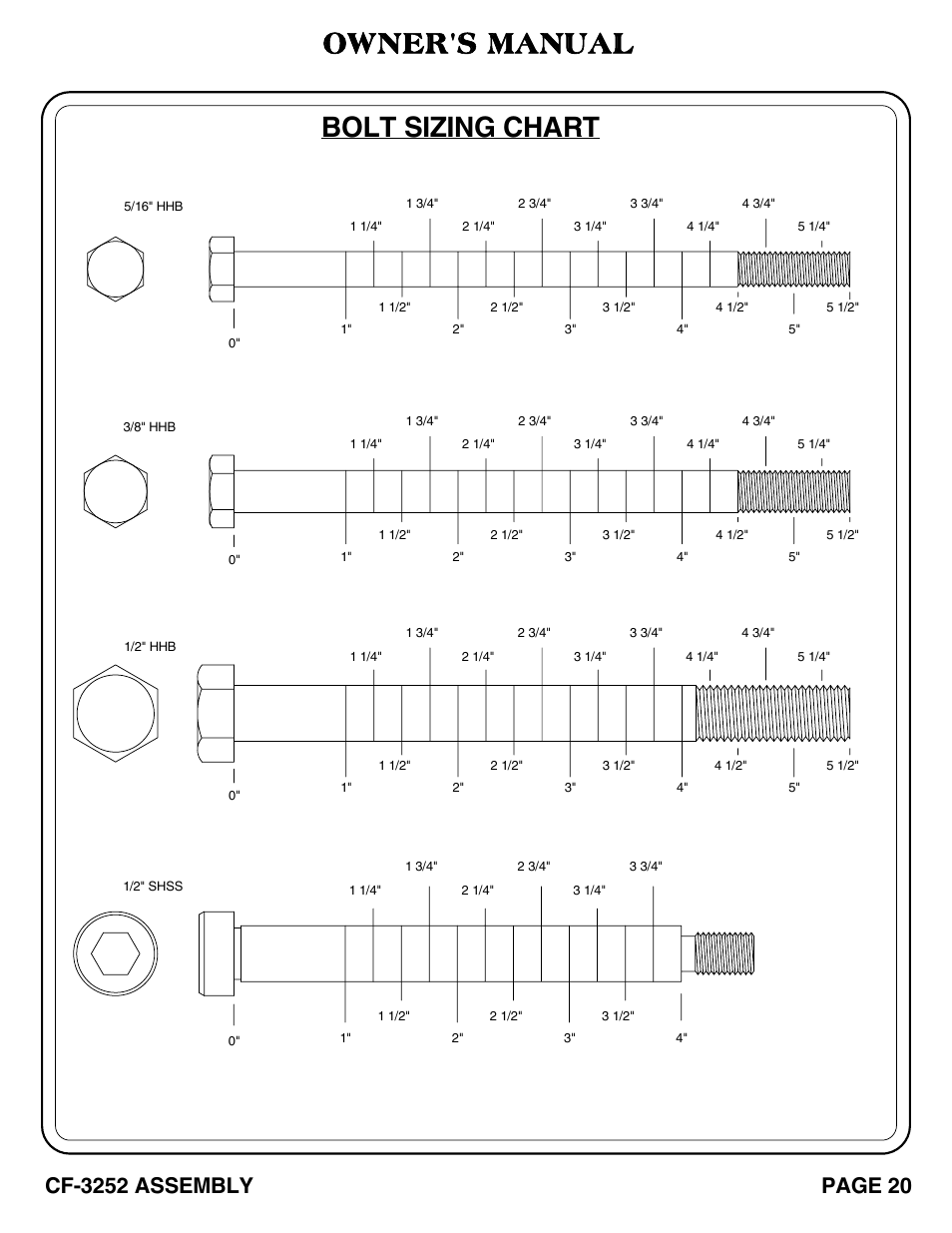 Bolt sizing chart, Owner's manual | Hoist Fitness CF-3252 User Manual | Page 21 / 29