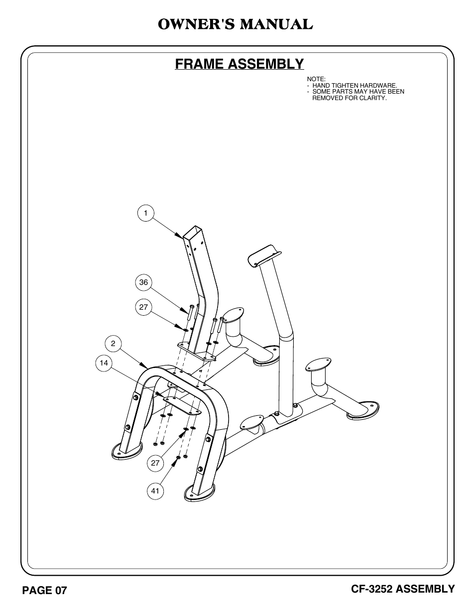 Frame assembly, Owner's manual | Hoist Fitness CF-3252 User Manual | Page 8 / 29