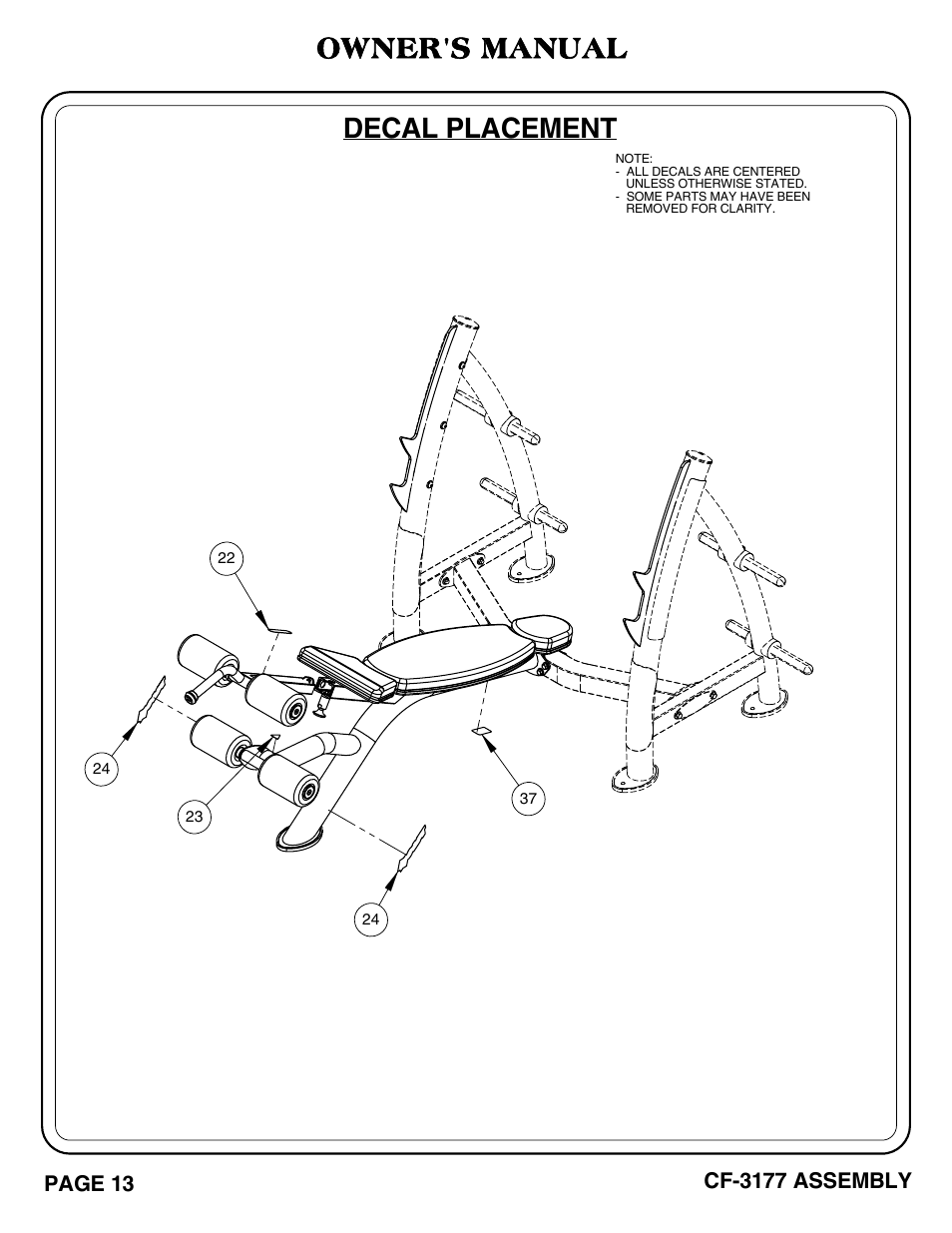 Cf-3177 pg. 13-14.pdf, Decal placement, Owner's manual | Hoist Fitness CF-3177 User Manual | Page 14 / 26