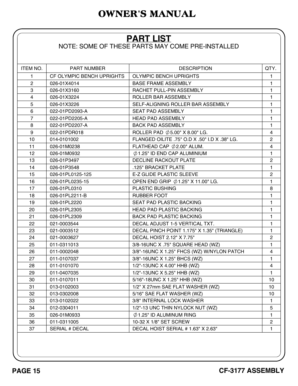 Cf-3177 pg. 15-16.pdf, Owner's manual, Part list | Hoist Fitness CF-3177 User Manual | Page 16 / 26