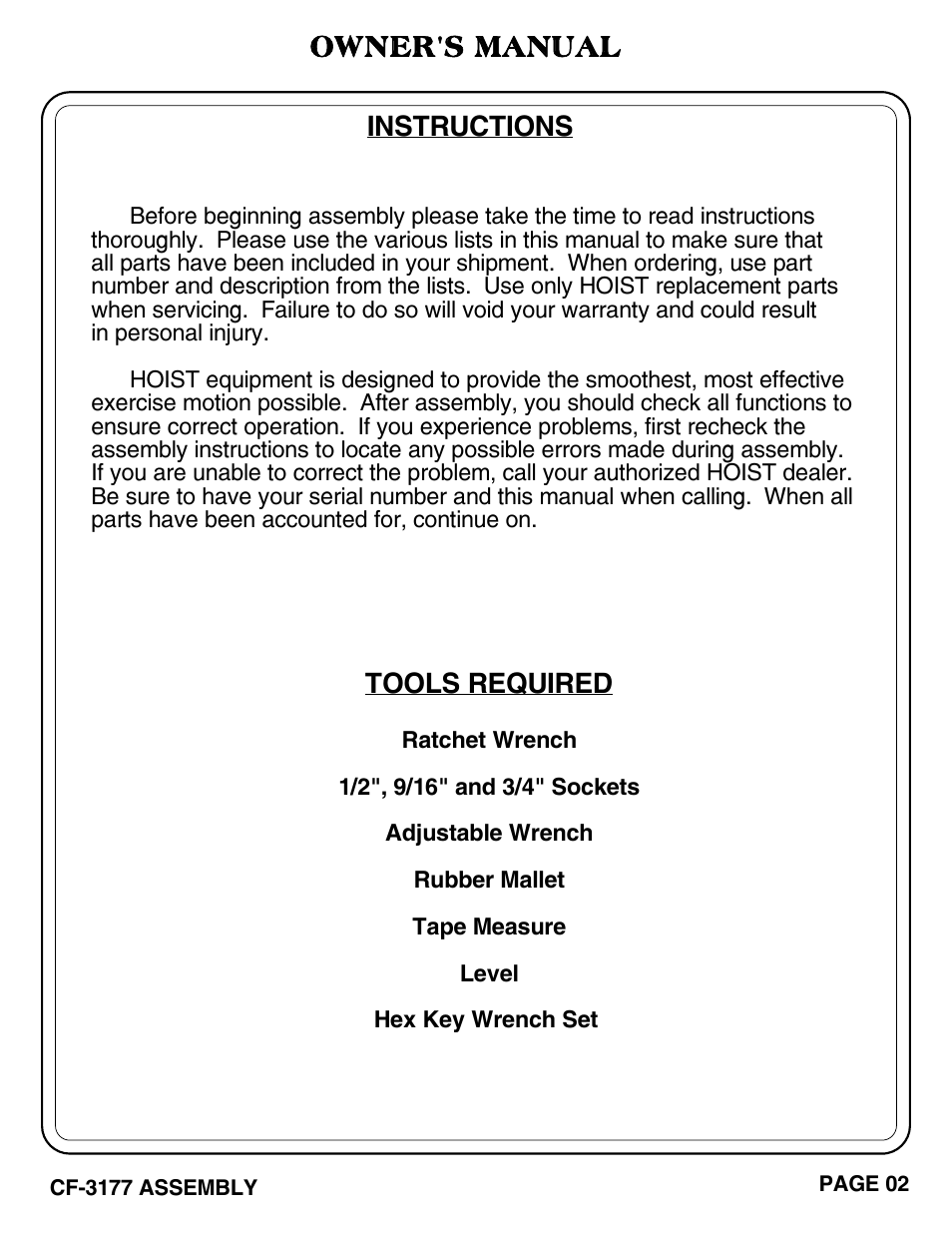 Owner's manual, Tools required, Instructions | Hoist Fitness CF-3177 User Manual | Page 3 / 26