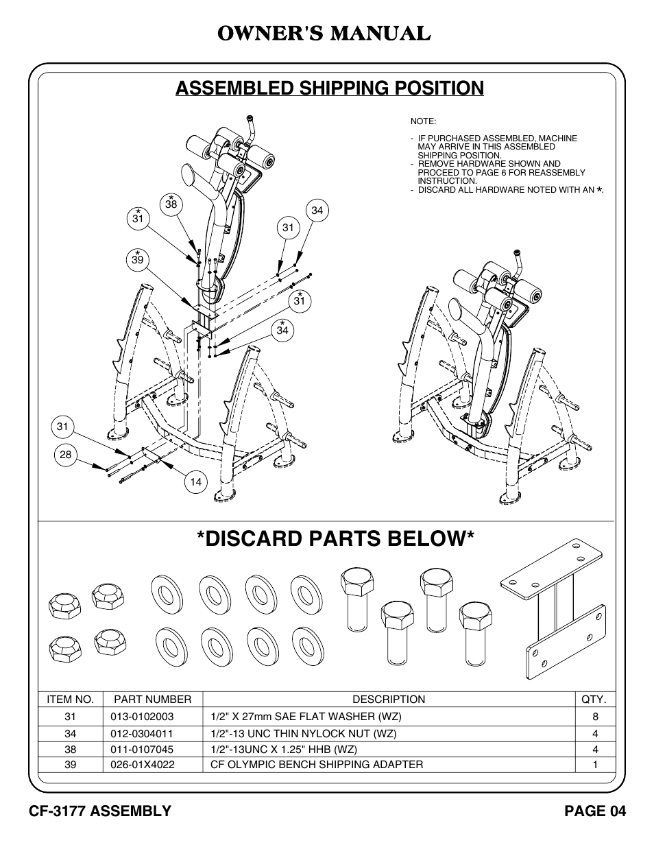 Discard parts below, Assembled shipping position owner's manual | Hoist Fitness CF-3177 User Manual | Page 5 / 26