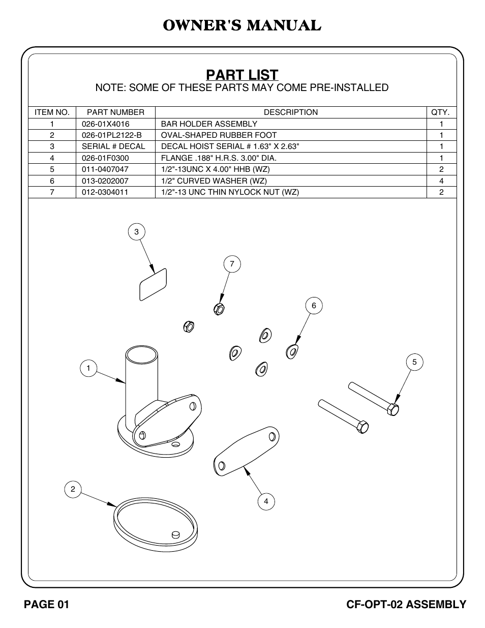 Part list, Owner's manual, Page 01 cf-opt-02 assembly | Hoist Fitness CF-OPT-02 User Manual | Page 2 / 2
