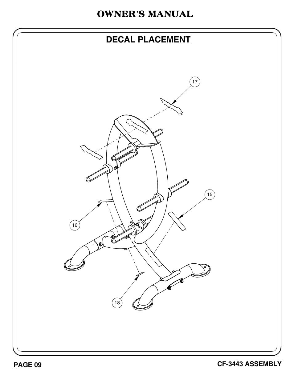 Cf-3443 pg 09, Decal placement, Owner's manual | Hoist Fitness CF-3443 User Manual | Page 10 / 23