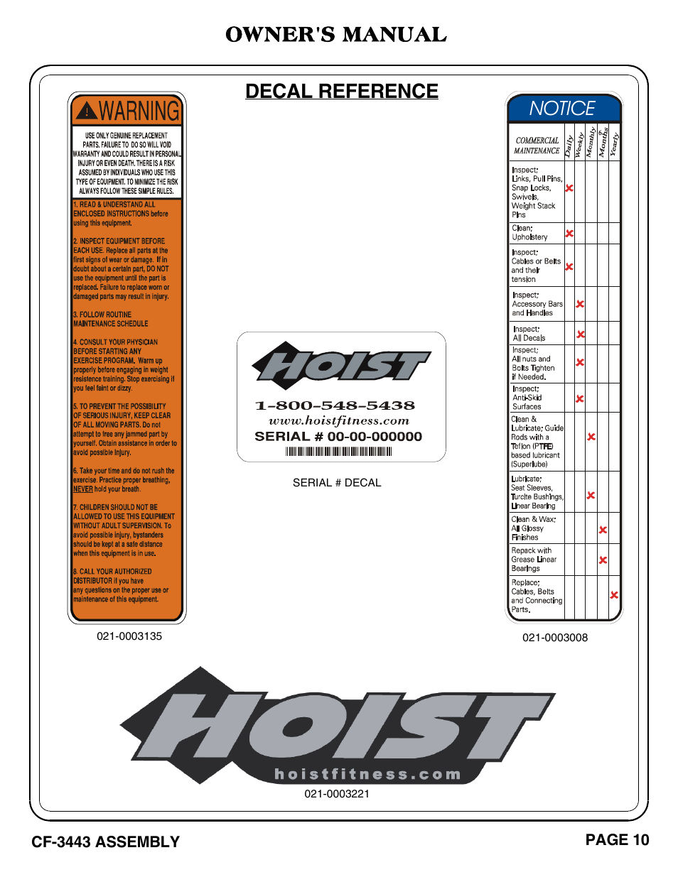 Cf-3443 pg 10, Decal reference owner's manual, Notice | Hoist Fitness CF-3443 User Manual | Page 11 / 23