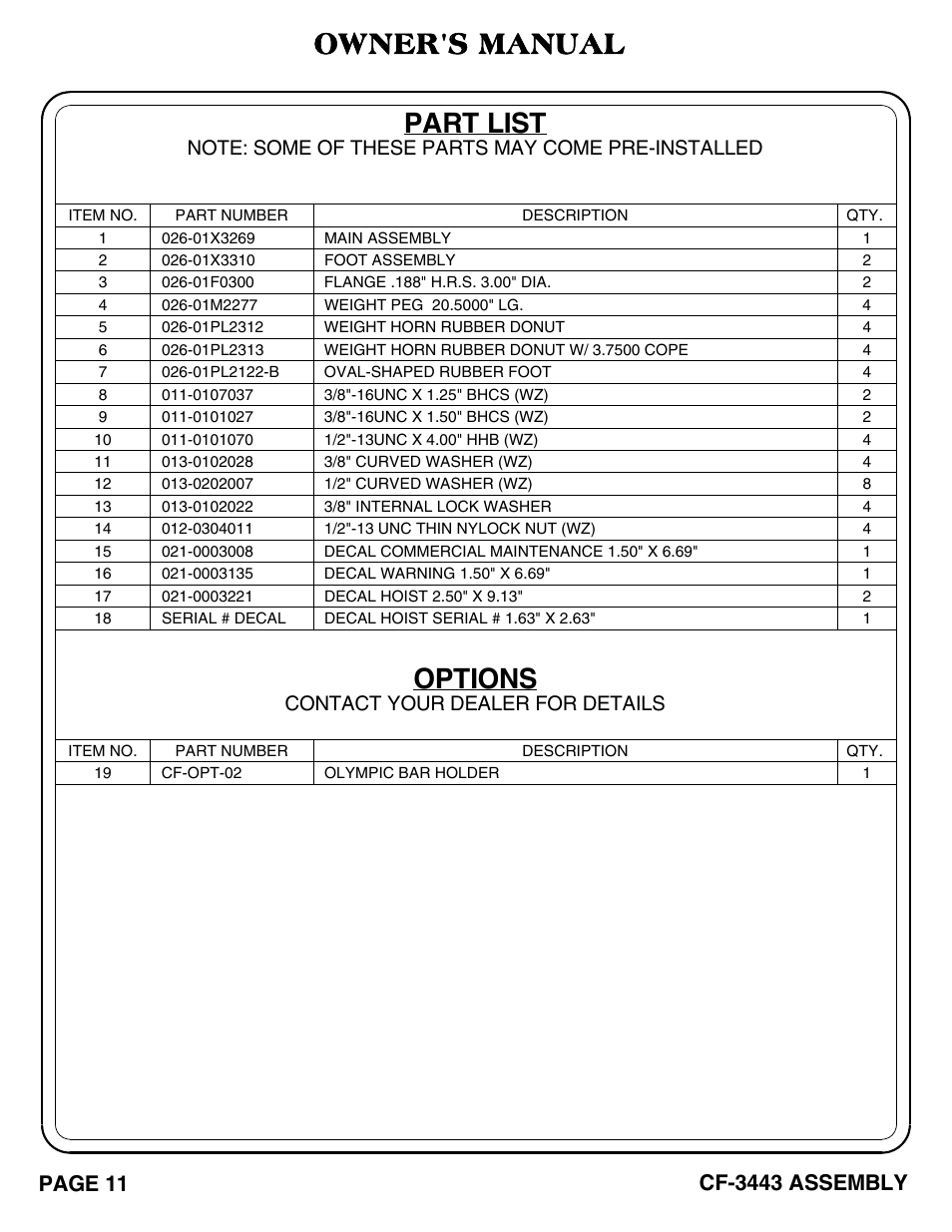 Cf-3443 pg 11, Part list options, Owner's manual | Page 11, Cf-3443 assembly, Contact your dealer for details | Hoist Fitness CF-3443 User Manual | Page 12 / 23