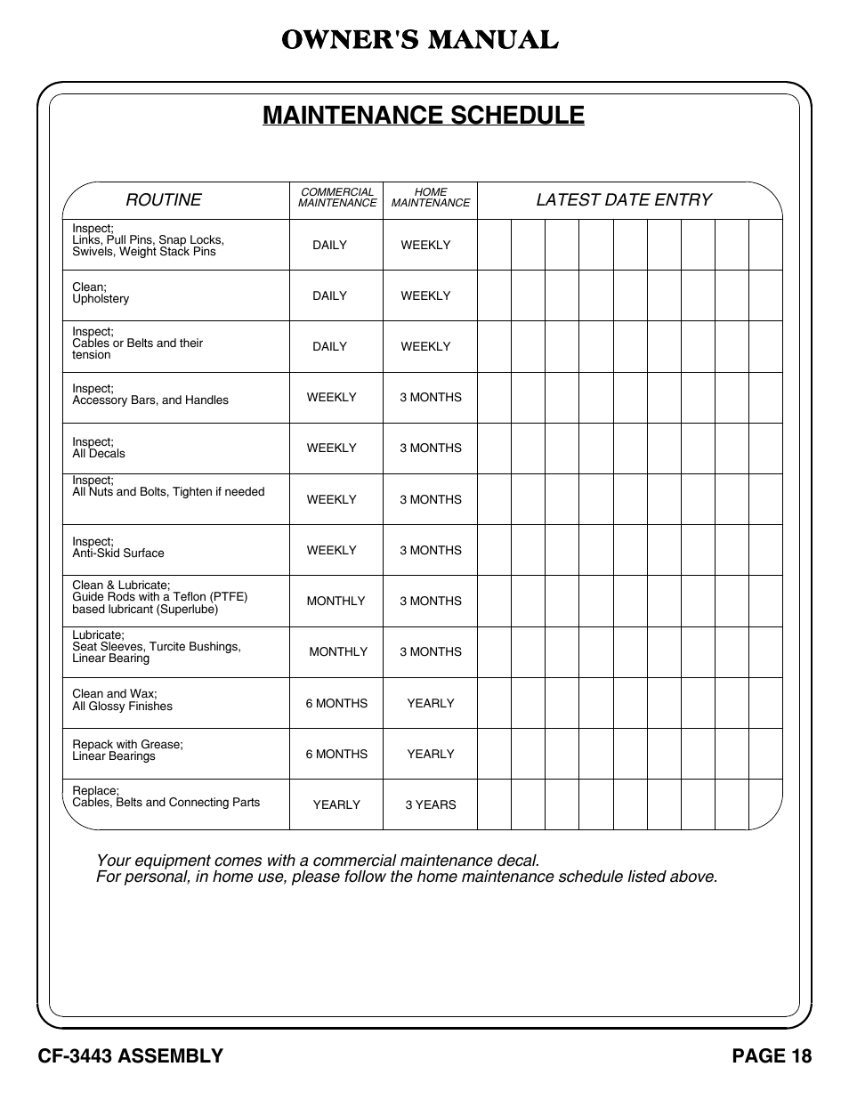 Maintenance schedule, Owner's manual, Routine | Latest date entry | Hoist Fitness CF-3443 User Manual | Page 19 / 23