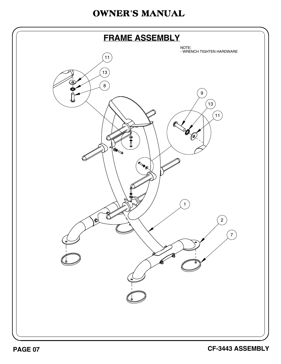 Cf-3443 pg 07, Frame assembly, Owner's manual | Page 07, Cf-3443 assembly | Hoist Fitness CF-3443 User Manual | Page 8 / 23