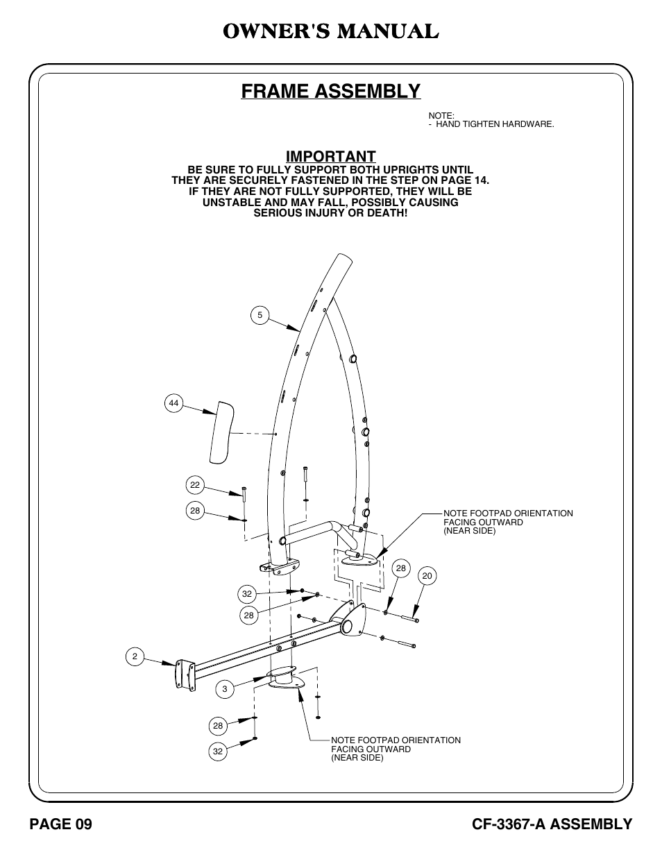 Cf-3367-a_pg 09-10, Frame assembly, Owner's manual | Important, Page 09, Cf-3367-a assembly | Hoist Fitness CF-3367-A User Manual | Page 10 / 29