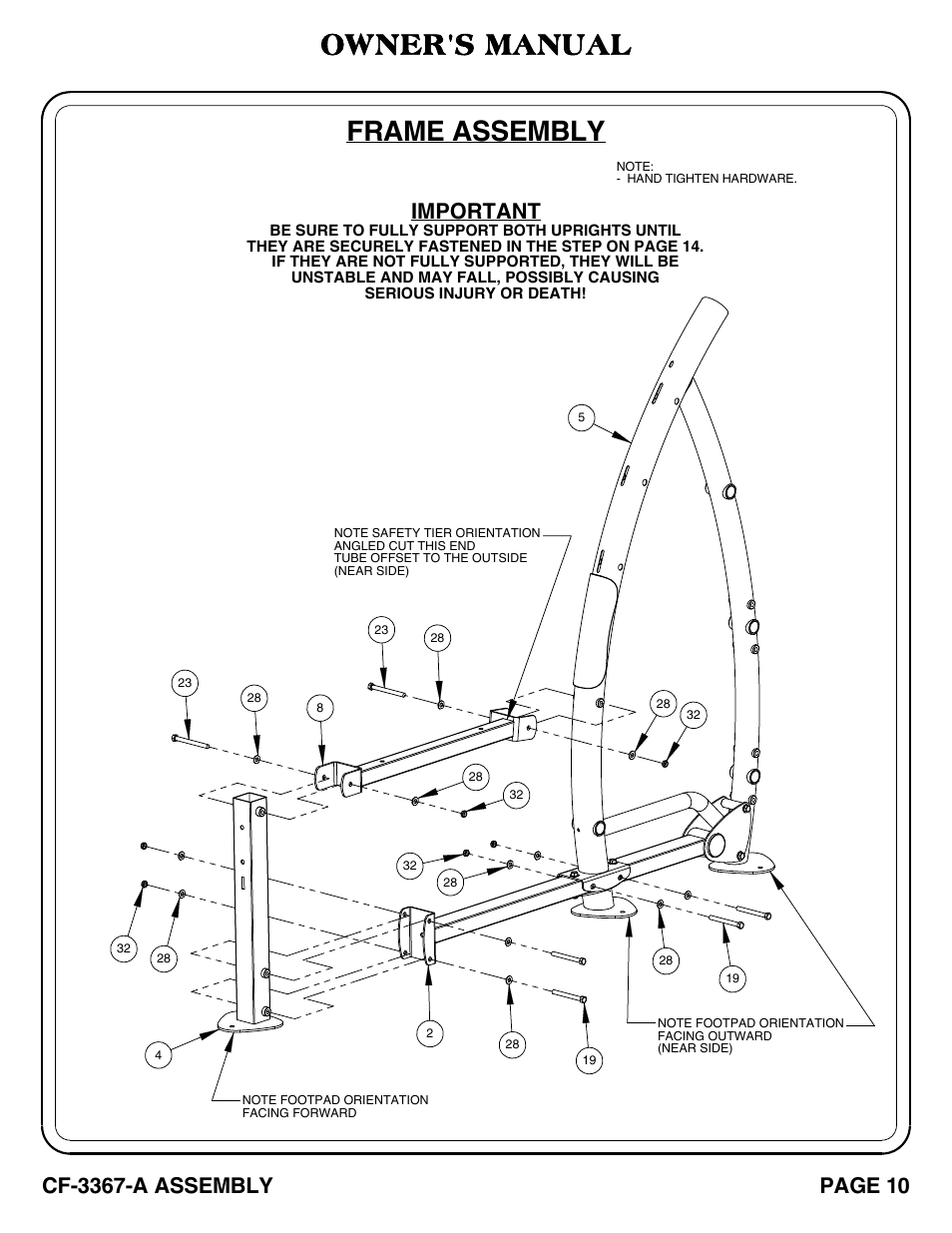 Frame assembly, Owner's manual, Important | Cf-3367-a assembly, Page 10 | Hoist Fitness CF-3367-A User Manual | Page 11 / 29
