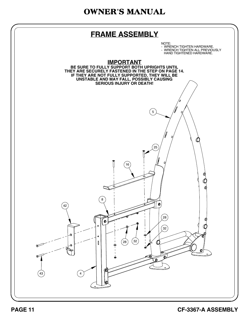 Cf-3367-a_pg 11-12, Frame assembly, Owner's manual | Important, Page 11, Cf-3367-a assembly | Hoist Fitness CF-3367-A User Manual | Page 12 / 29