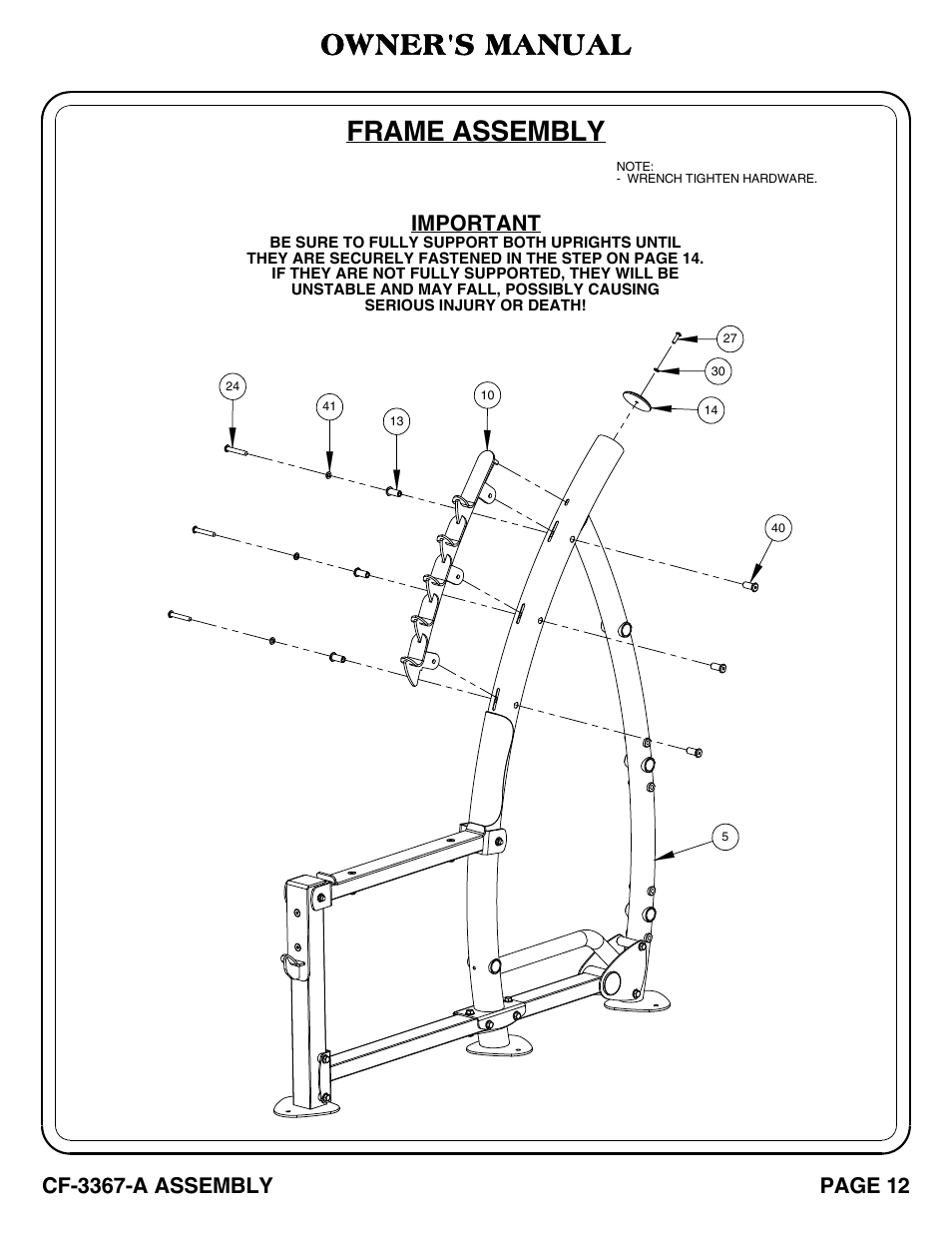 Frame assembly, Owner's manual, Important | Hoist Fitness CF-3367-A User Manual | Page 13 / 29