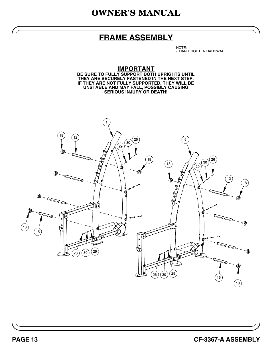 Cf-3367-a_pg 13-14, Frame assembly, Owner's manual | Important, Page 13, Cf-3367-a assembly | Hoist Fitness CF-3367-A User Manual | Page 14 / 29