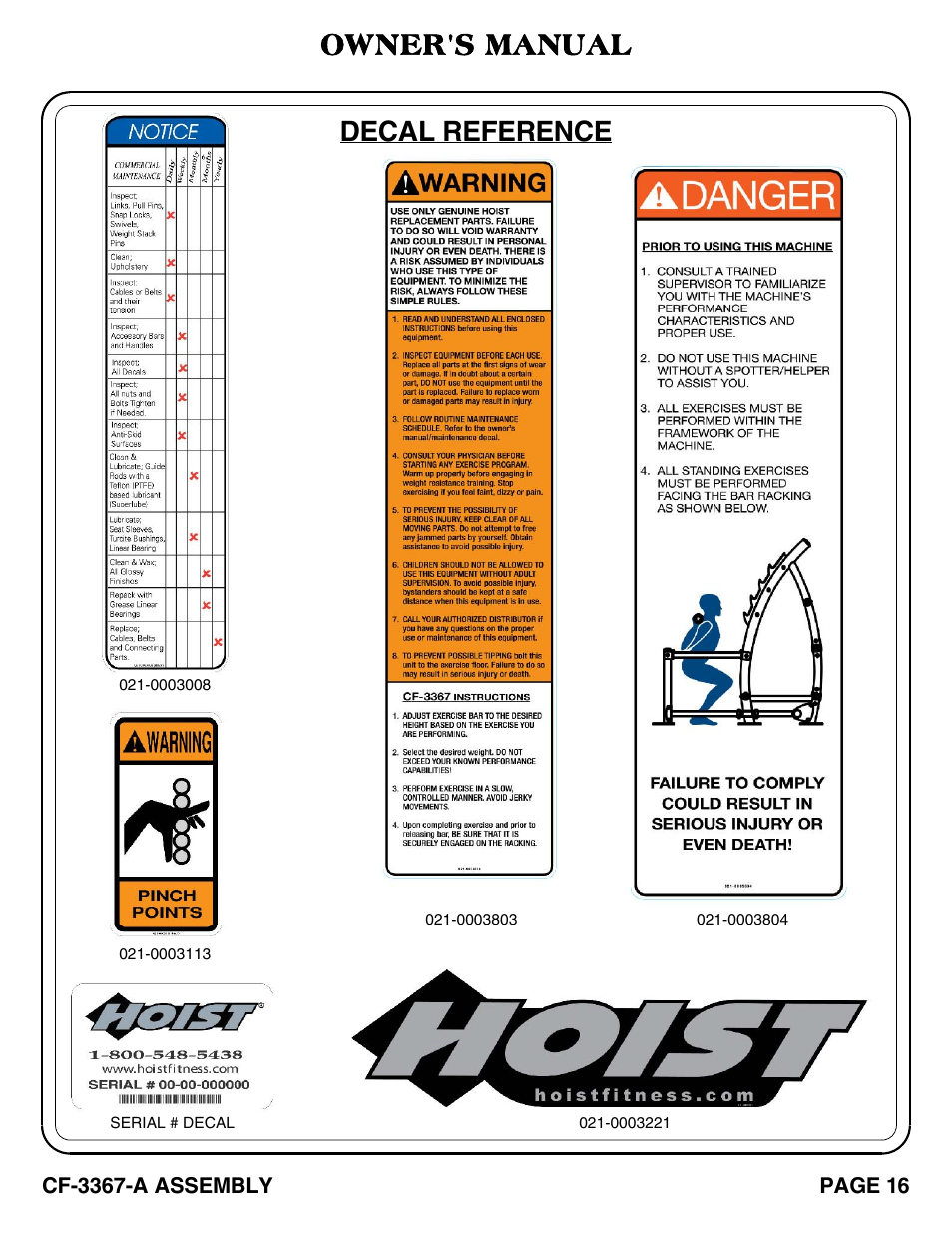 Decal reference, Owner's manual | Hoist Fitness CF-3367-A User Manual | Page 17 / 29